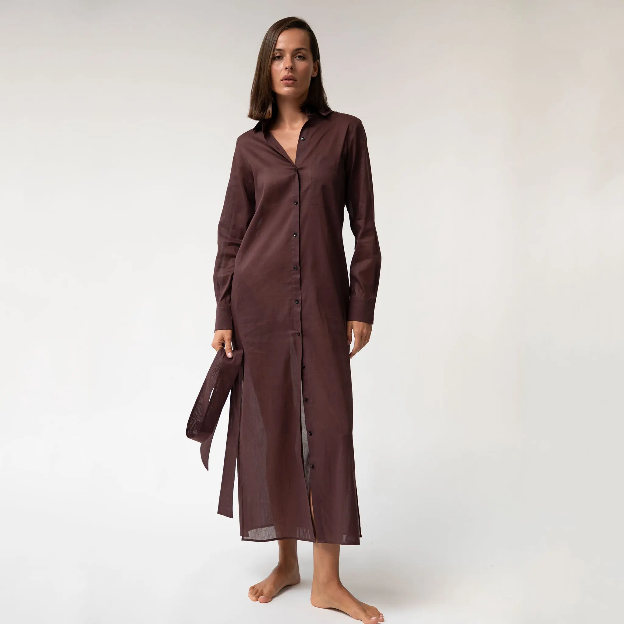 Linen Voile Button-Down Long Shirt Dress Restorative Brown - Image 5