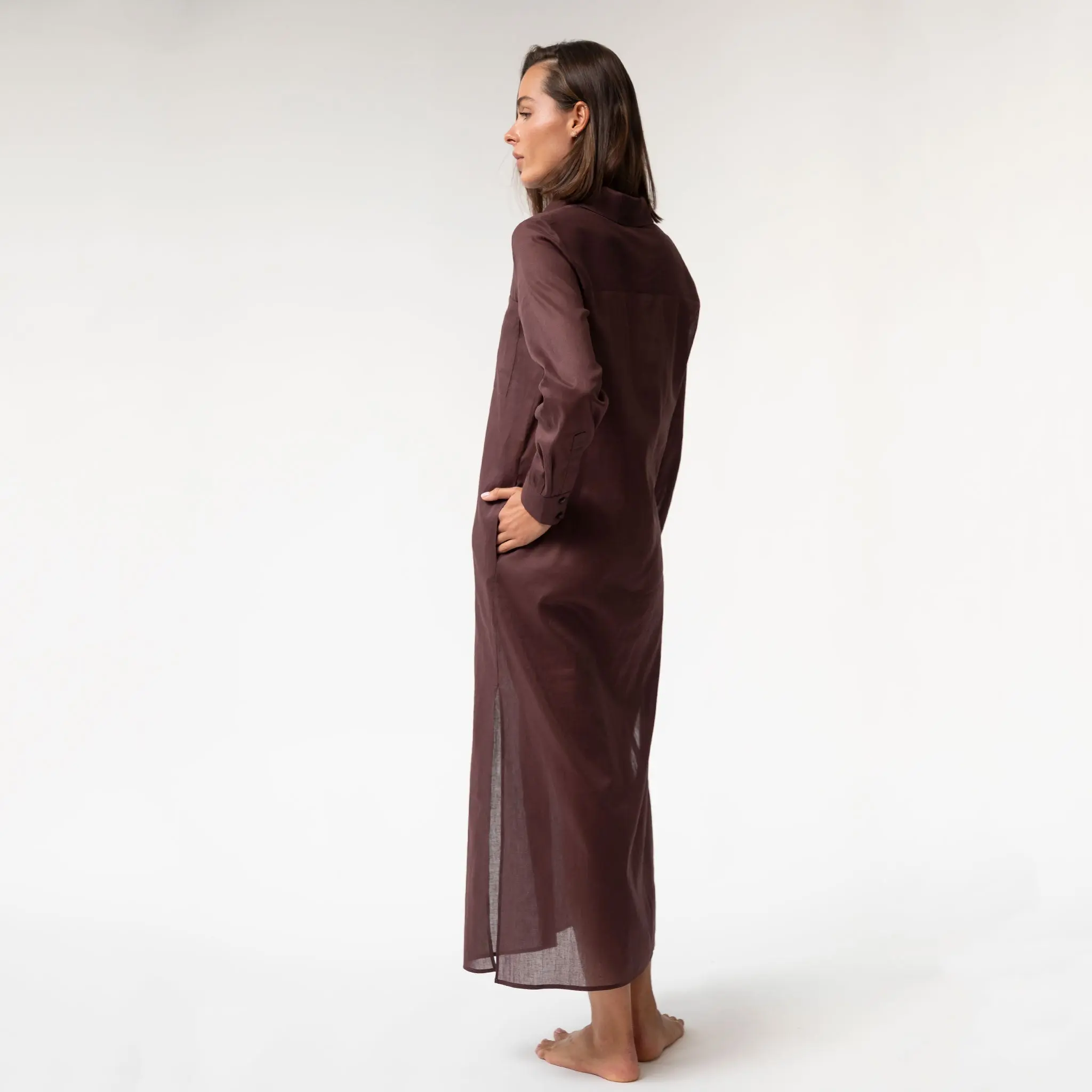Linen Voile Button-Down Long Shirt Dress Restorative Brown - Image 6
