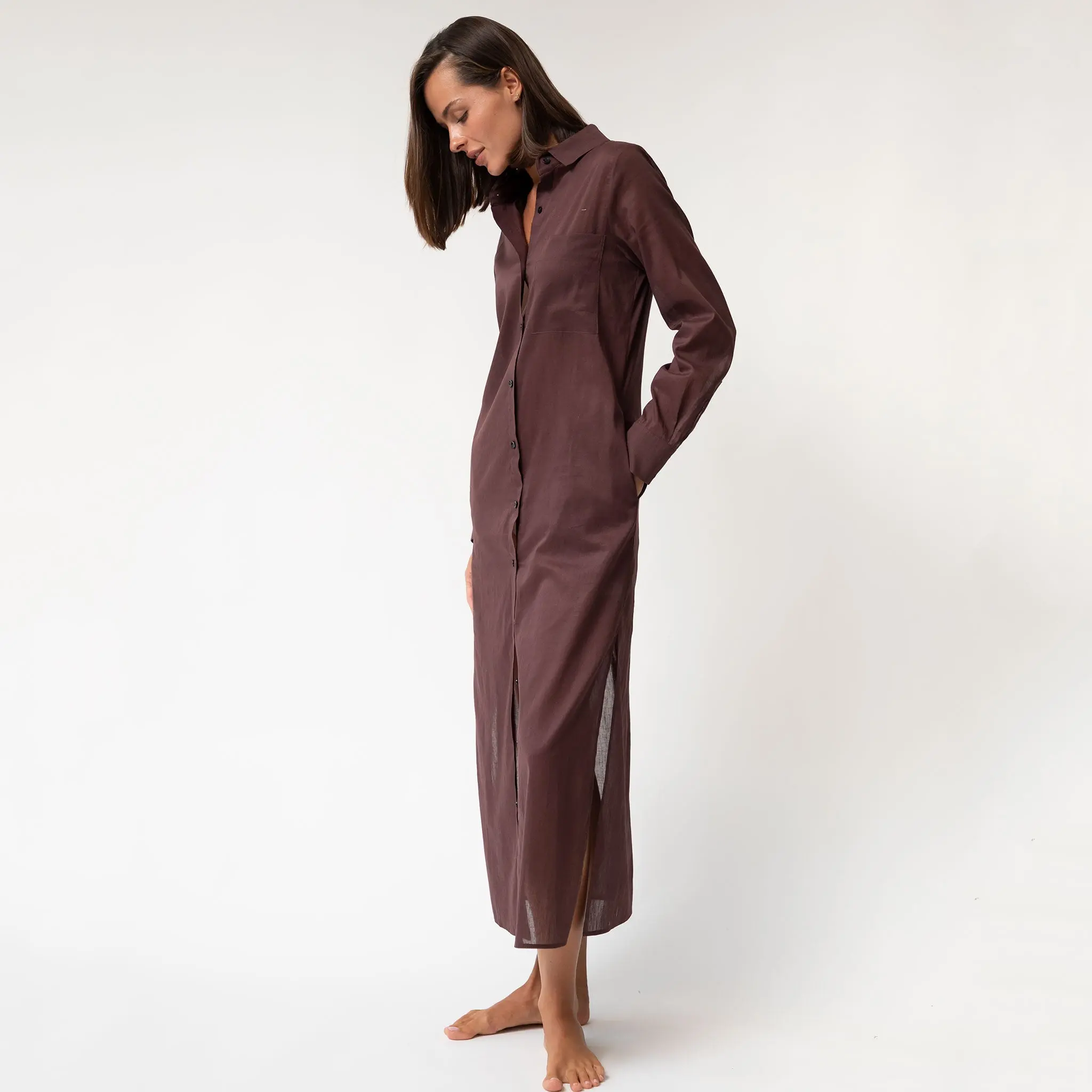 Linen Voile Button-Down Long Shirt Dress Restorative Brown - Image 7
