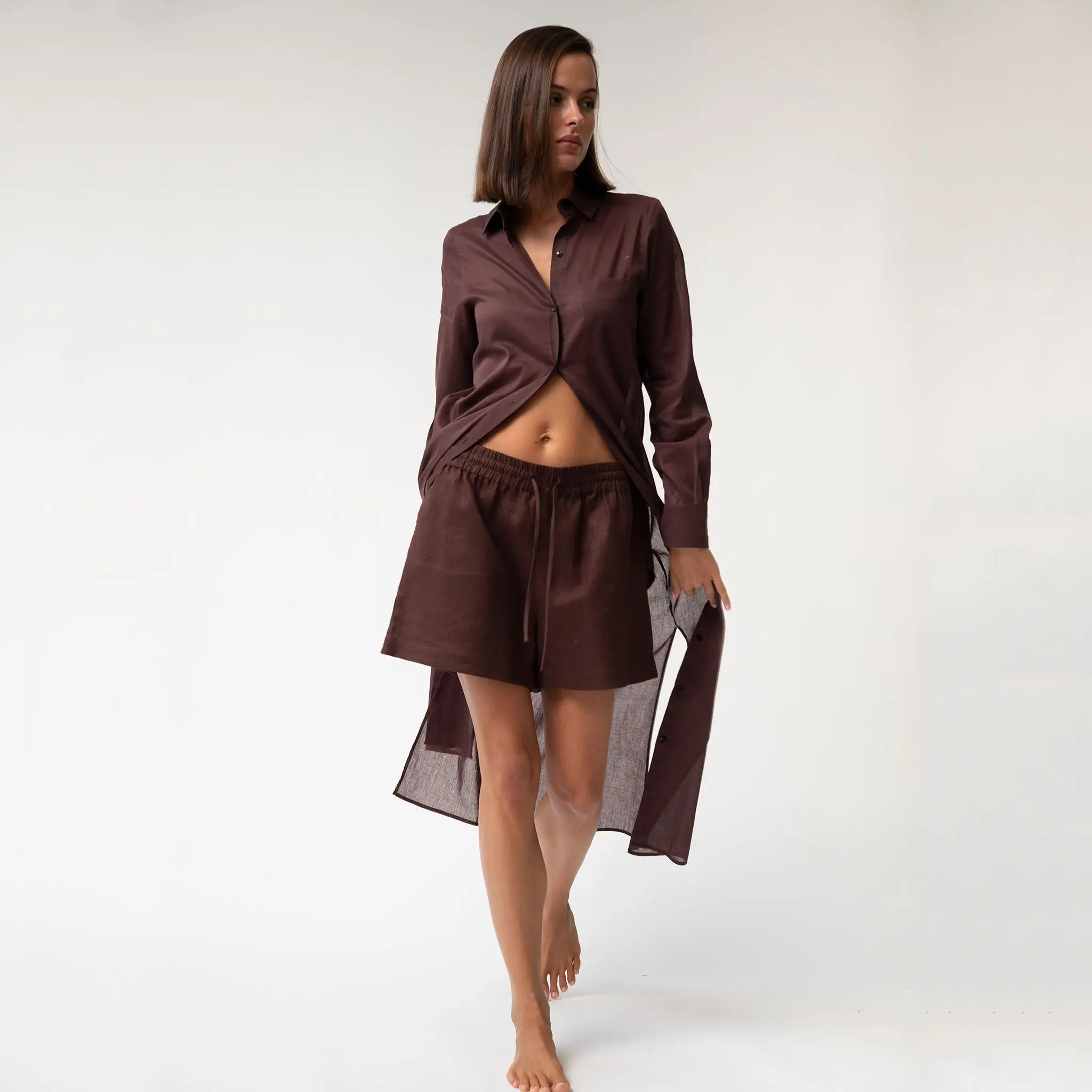 Linen Voile Button-Down Long Shirt Dress Restorative Brown - Image 9