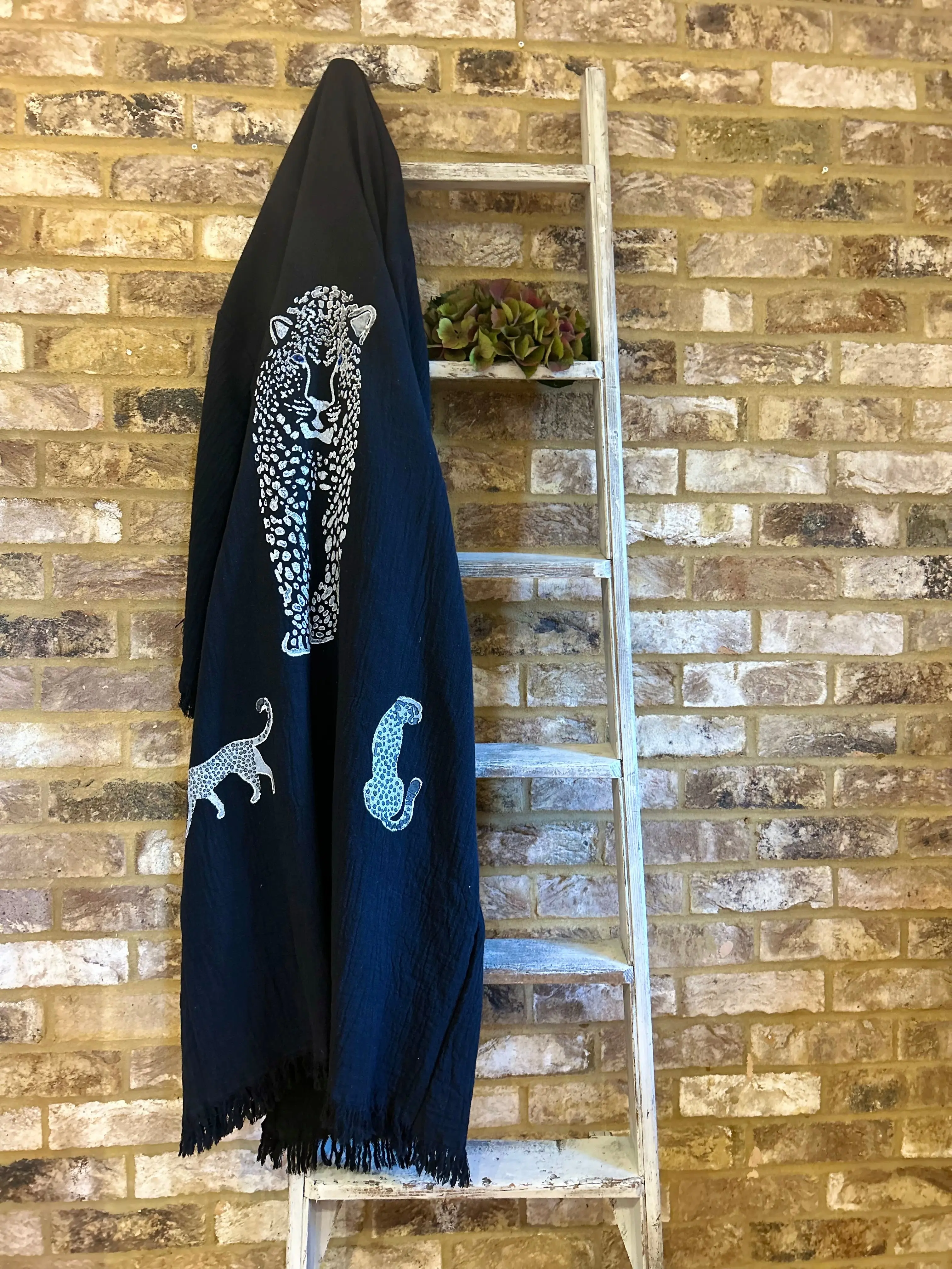 Long Cotton Robe: Black with Cheetah - Image 3