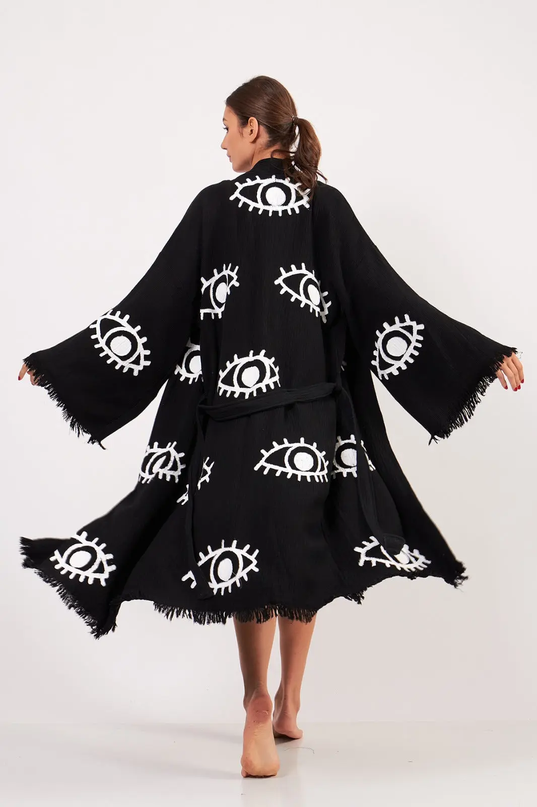 Long Cotton Robe: Black with White Eye - Image 3