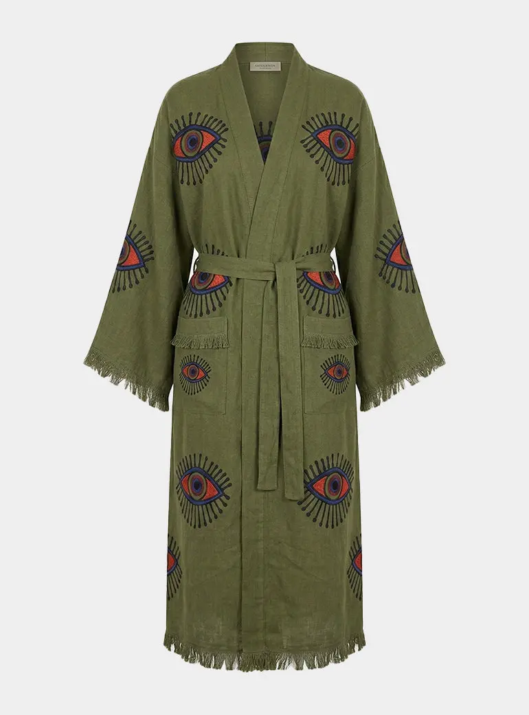 Long Cotton Robe: Khaki Green Eye