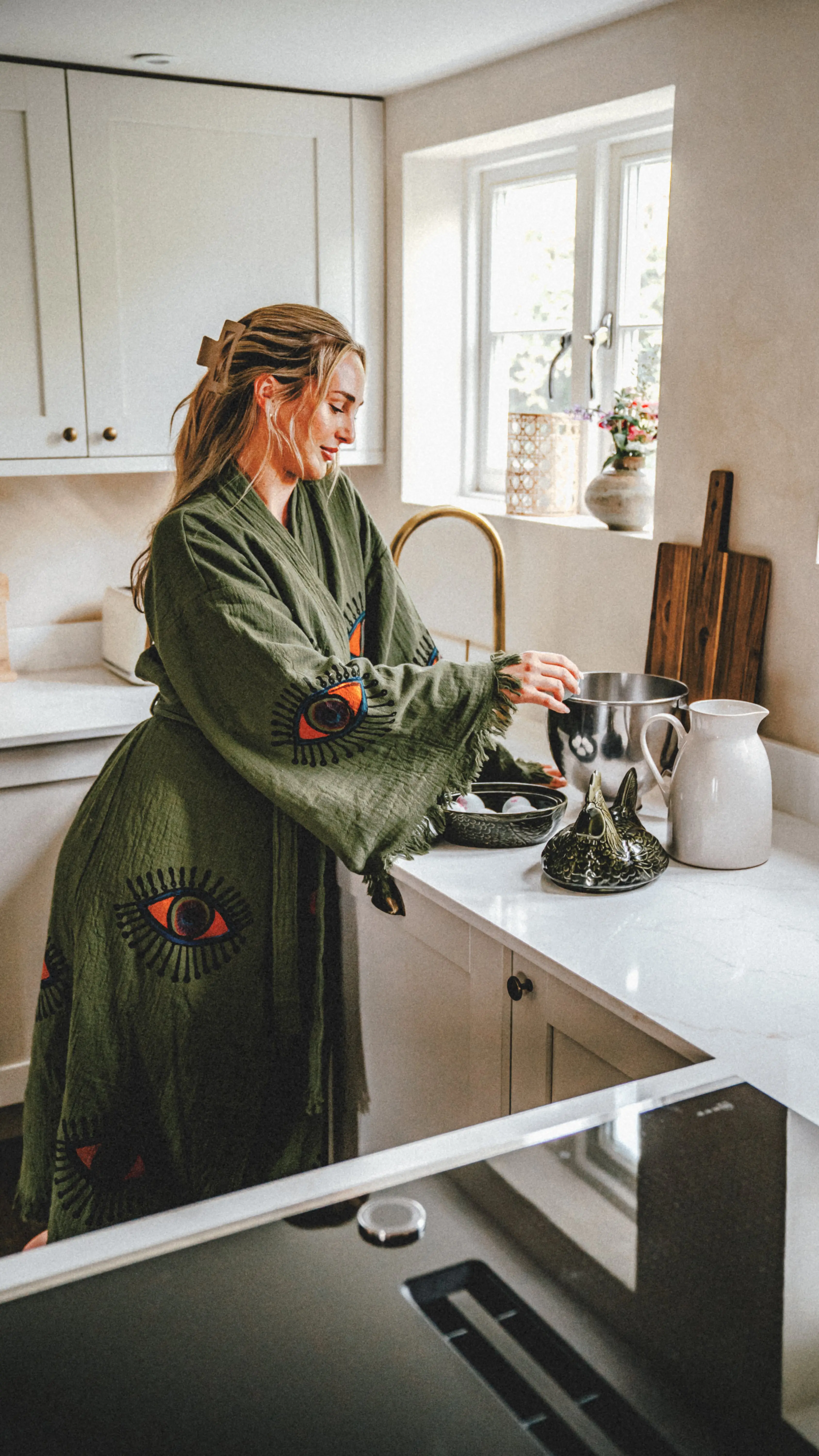 Long Cotton Robe: Khaki Green Eye - Image 4