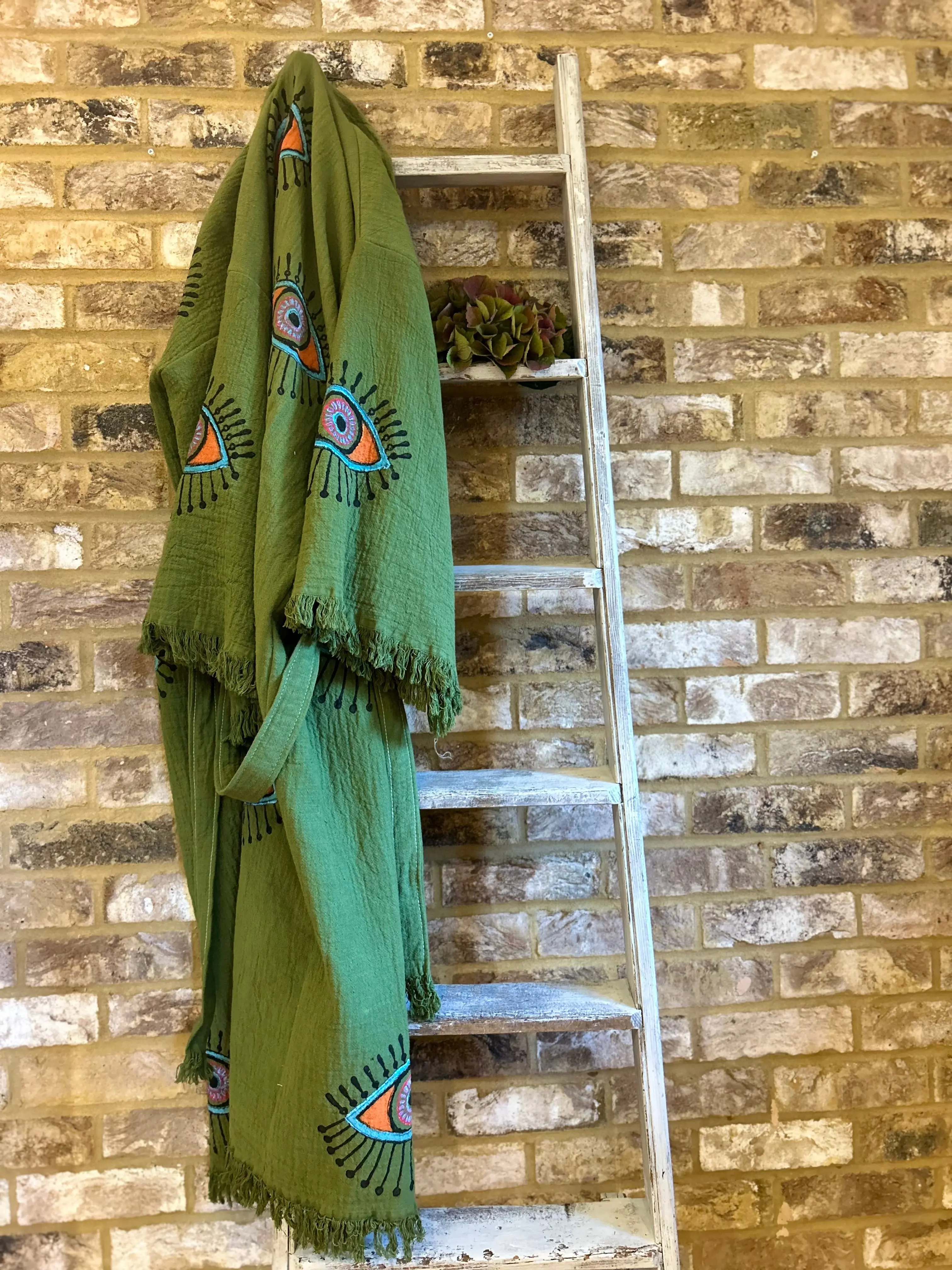 Long Cotton Robe: Khaki Green Eye - Image 6