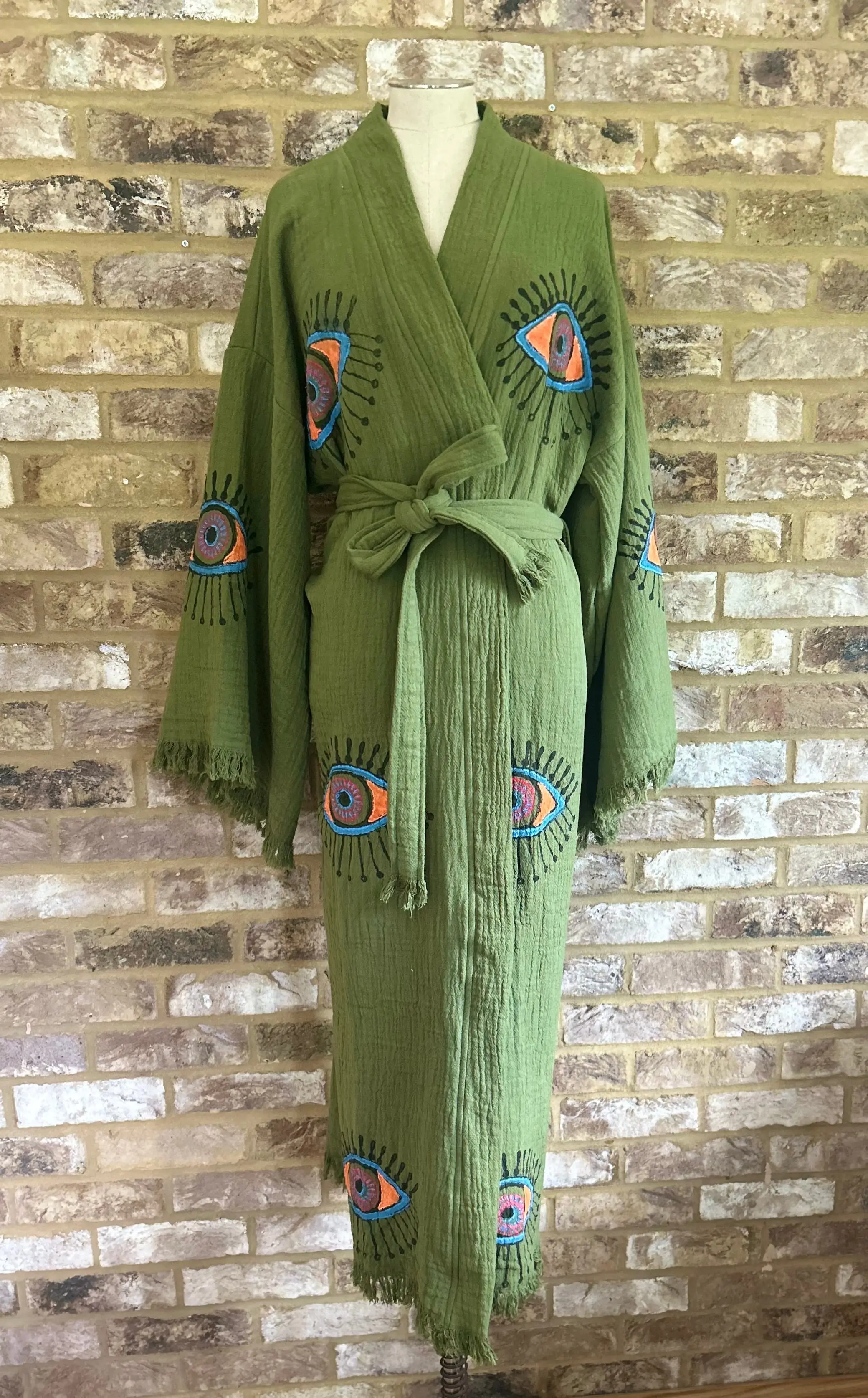 Long Cotton Robe: Khaki Green Eye - Image 7