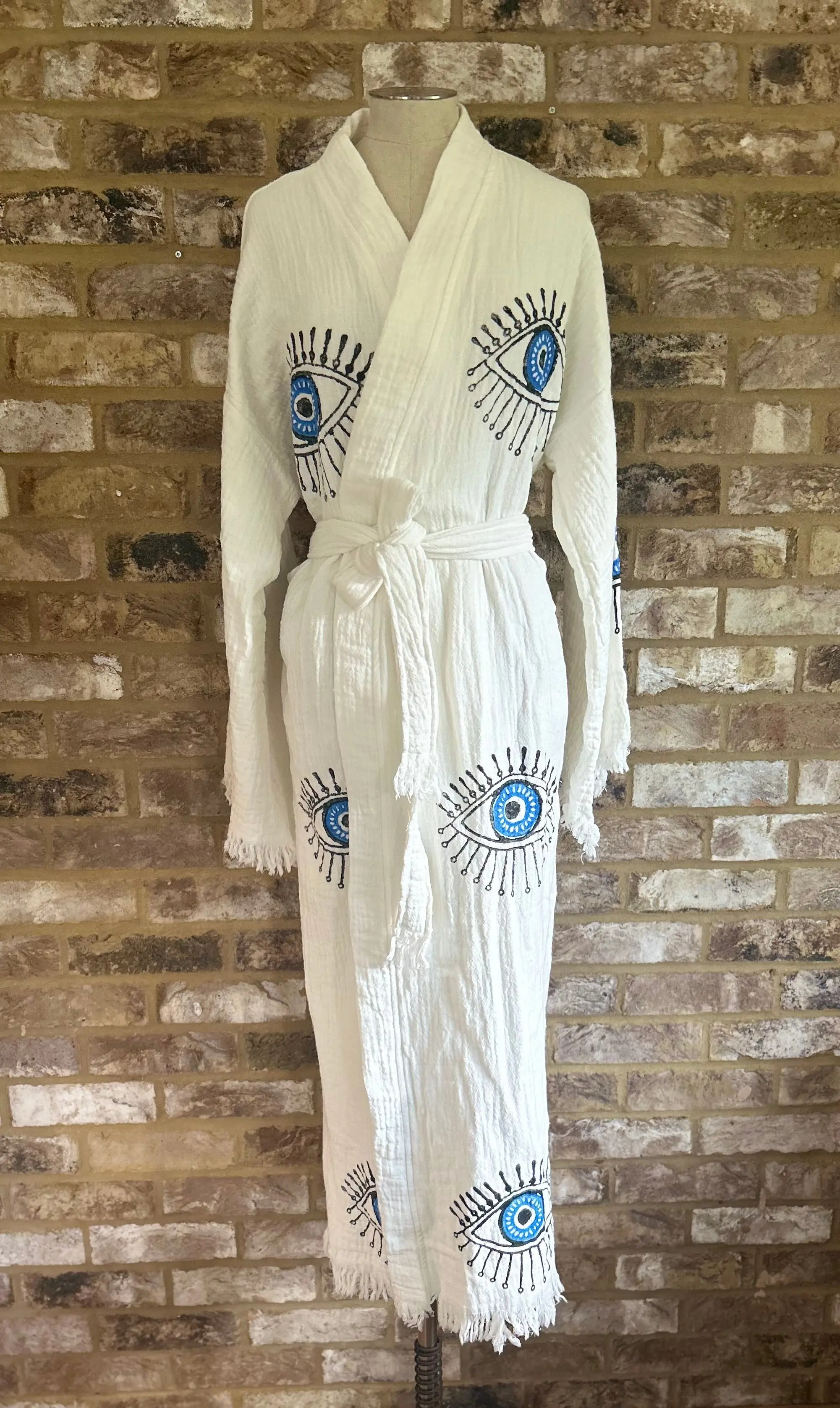 Long Cotton Robe: White with Blue Eye - Image 2