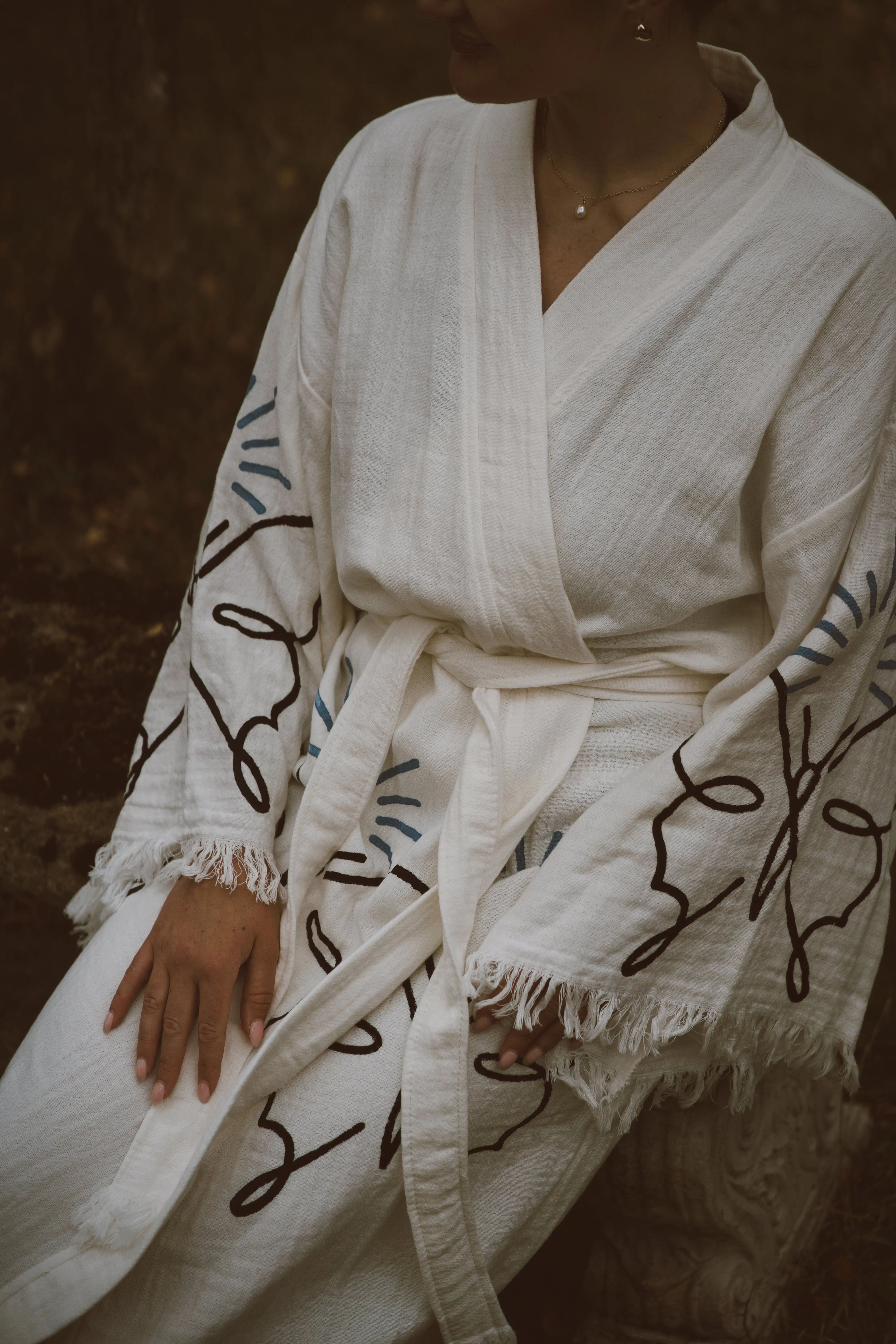 Long Cotton Robe: White with Butterfly - Image 2