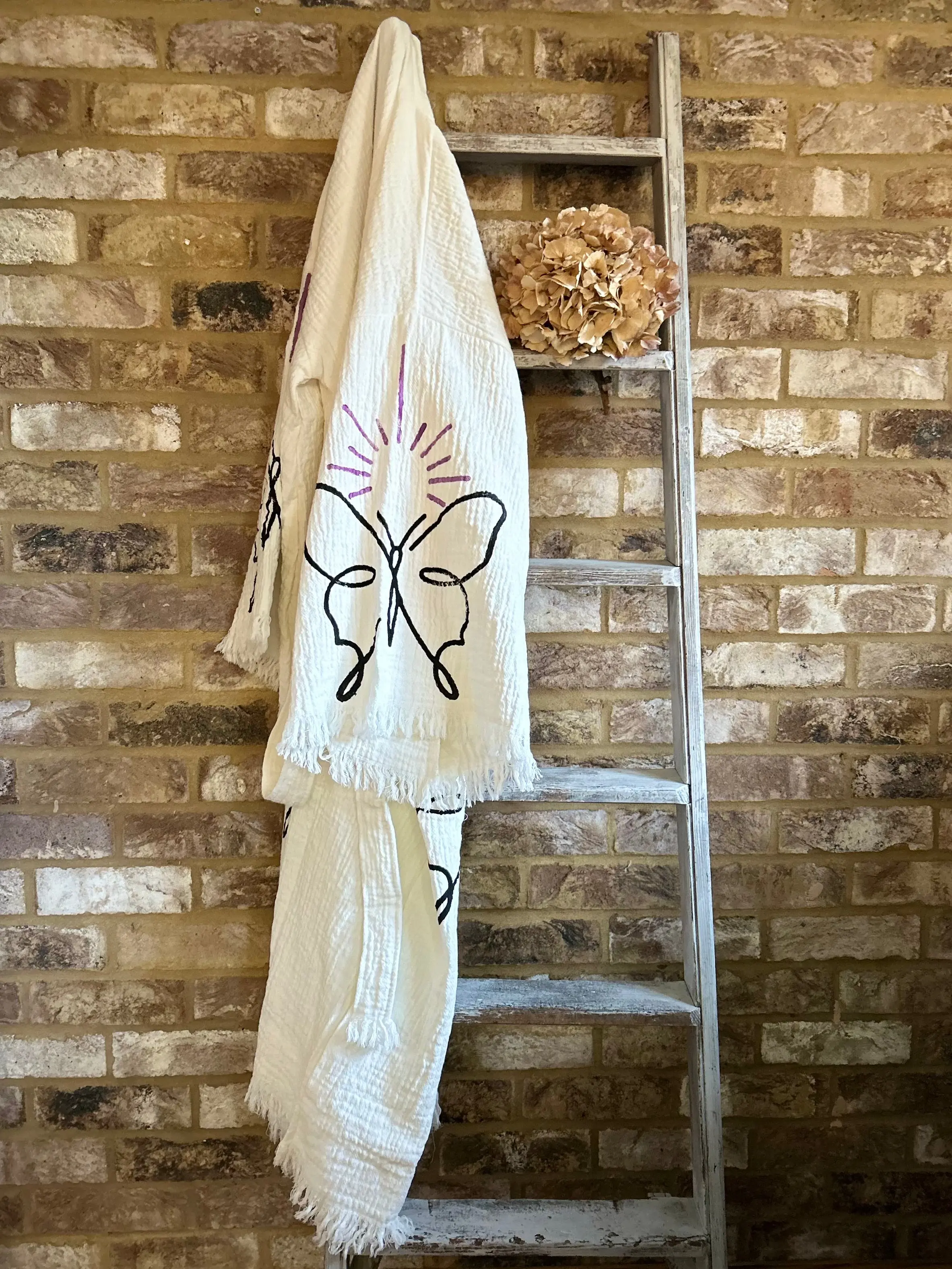 Long Cotton Robe: White with Butterfly - Image 3