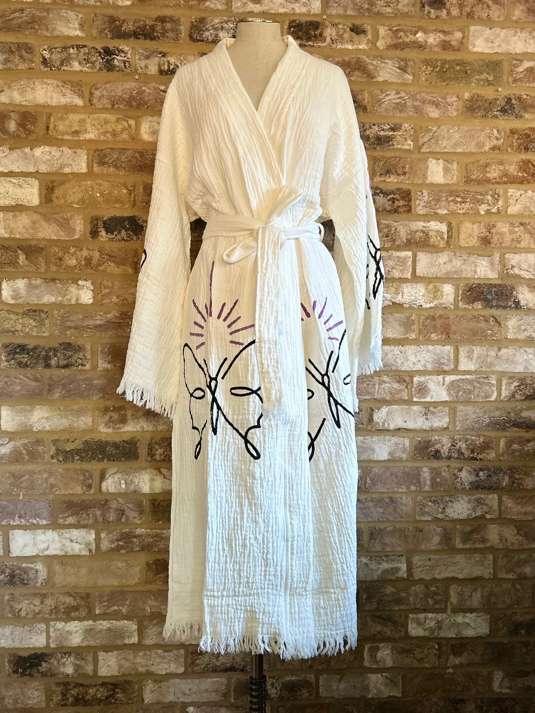 Long Cotton Robe: White with Butterfly - Image 4