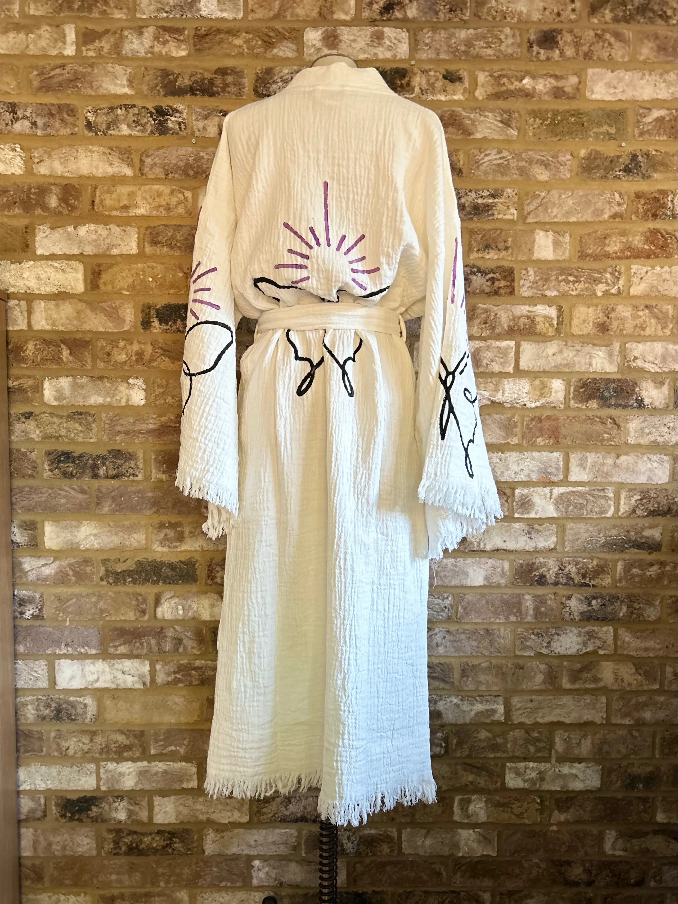 Long Cotton Robe: White with Butterfly - Image 5