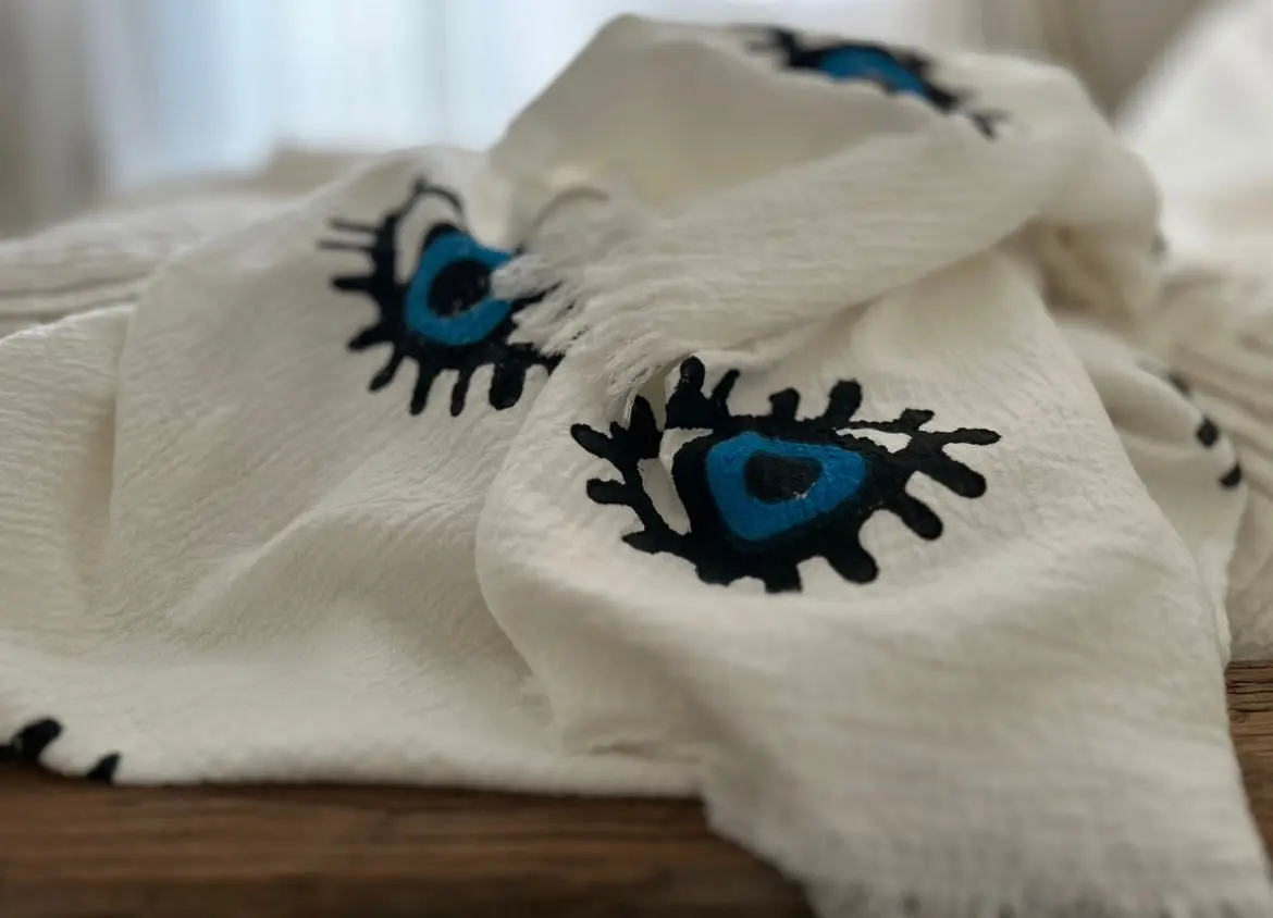 Long Cotton Robe: White with Dark Blue & Black Eye - Image 5