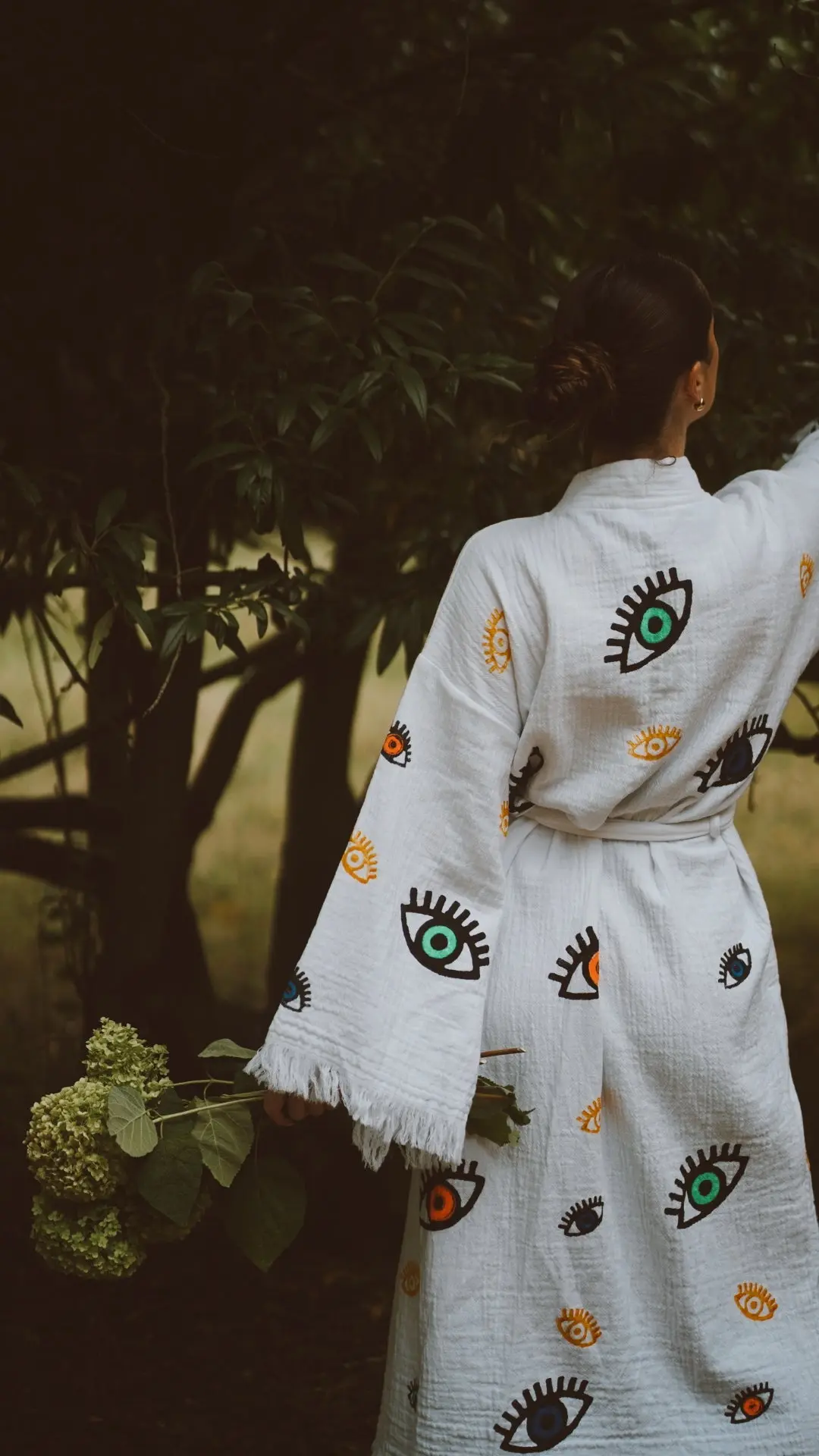 Long Cotton Robe: White with Multi Coloured Mini Eye - Image 2