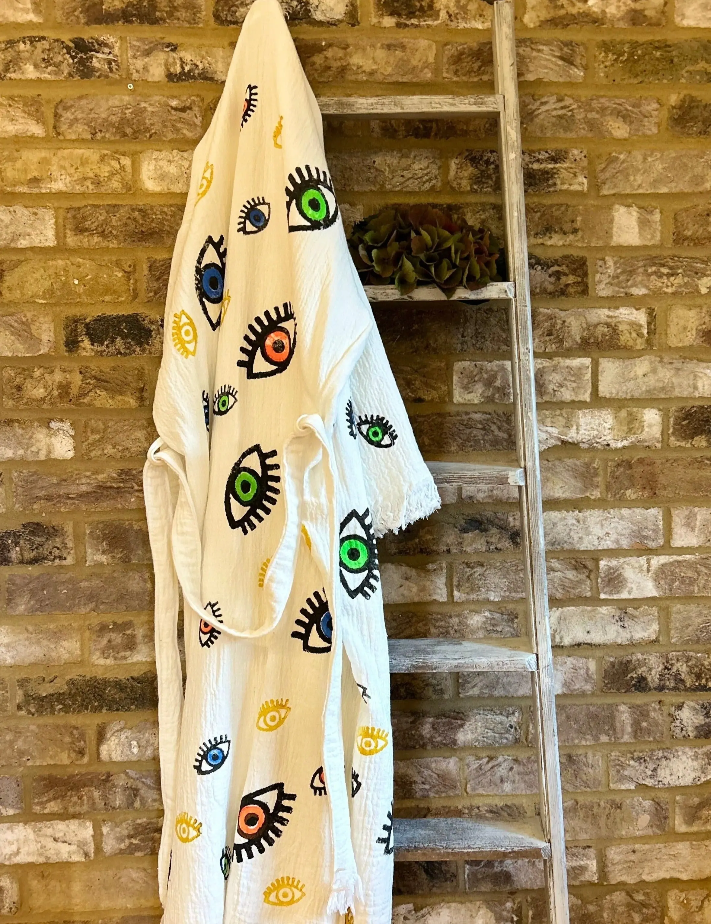 Long Cotton Robe: White with Multi Coloured Mini Eye - Image 3