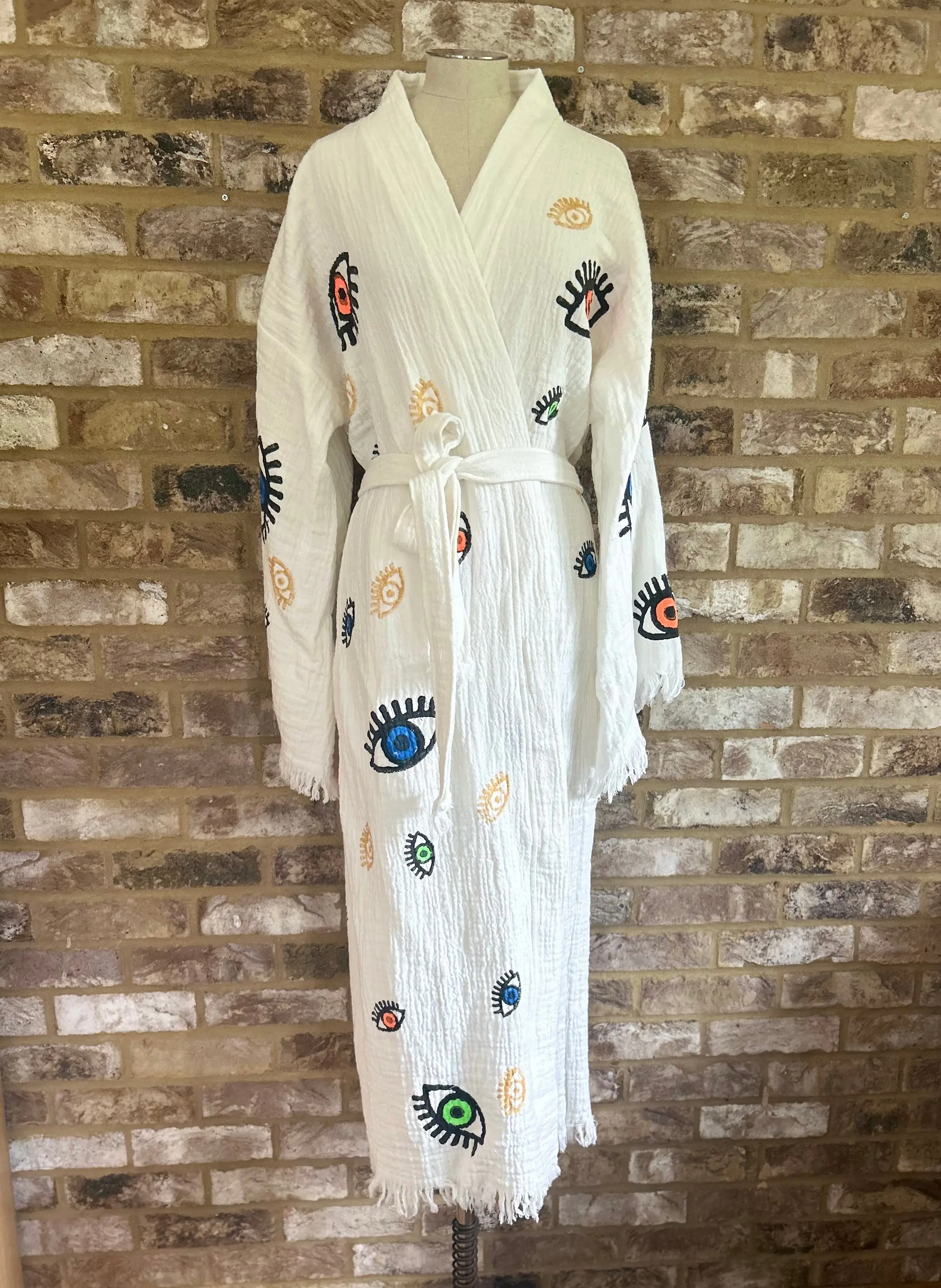 Long Cotton Robe: White with Multi Coloured Mini Eye - Image 4
