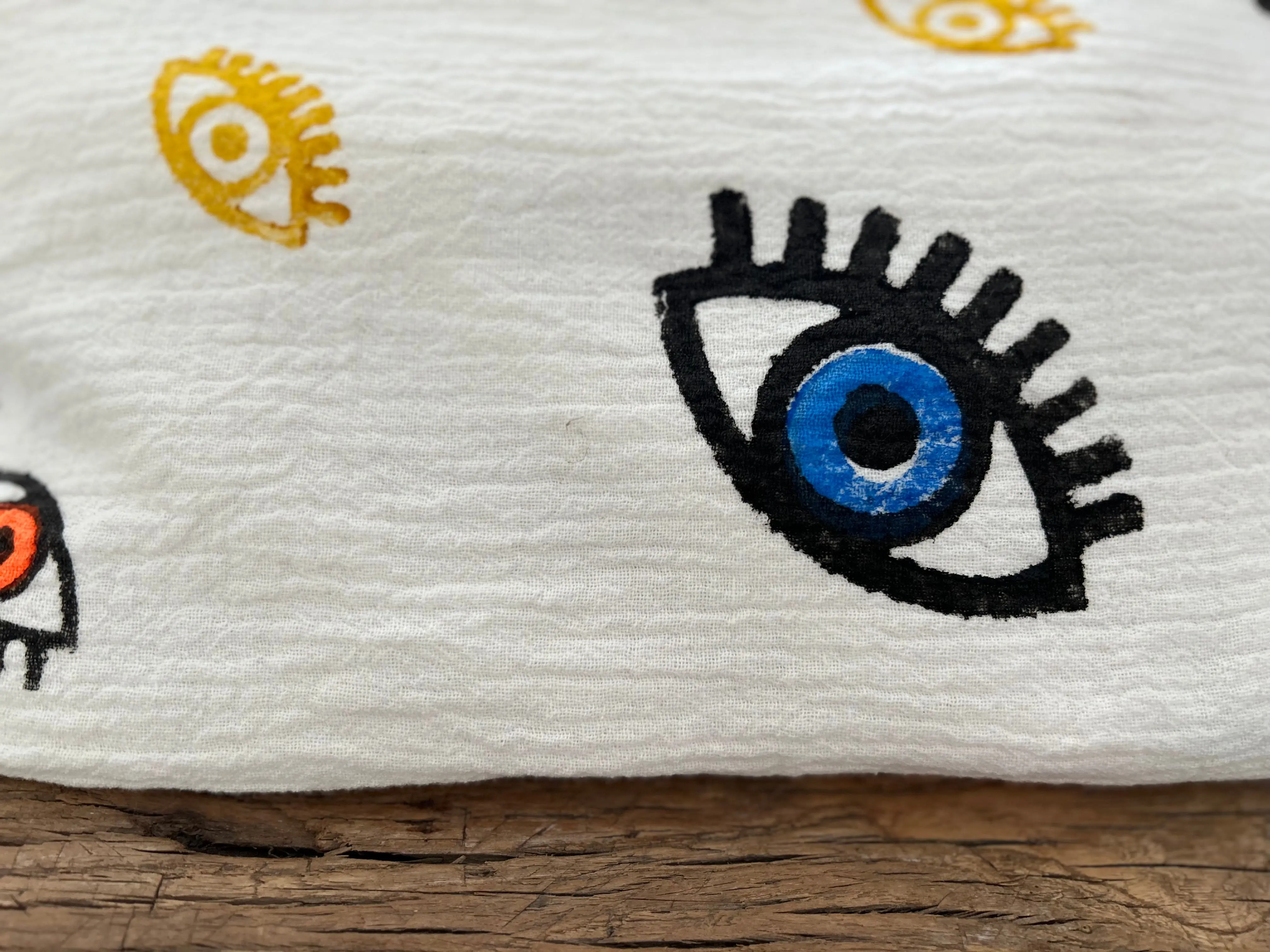 Long Cotton Robe: White with Multi Coloured Mini Eye - Image 5