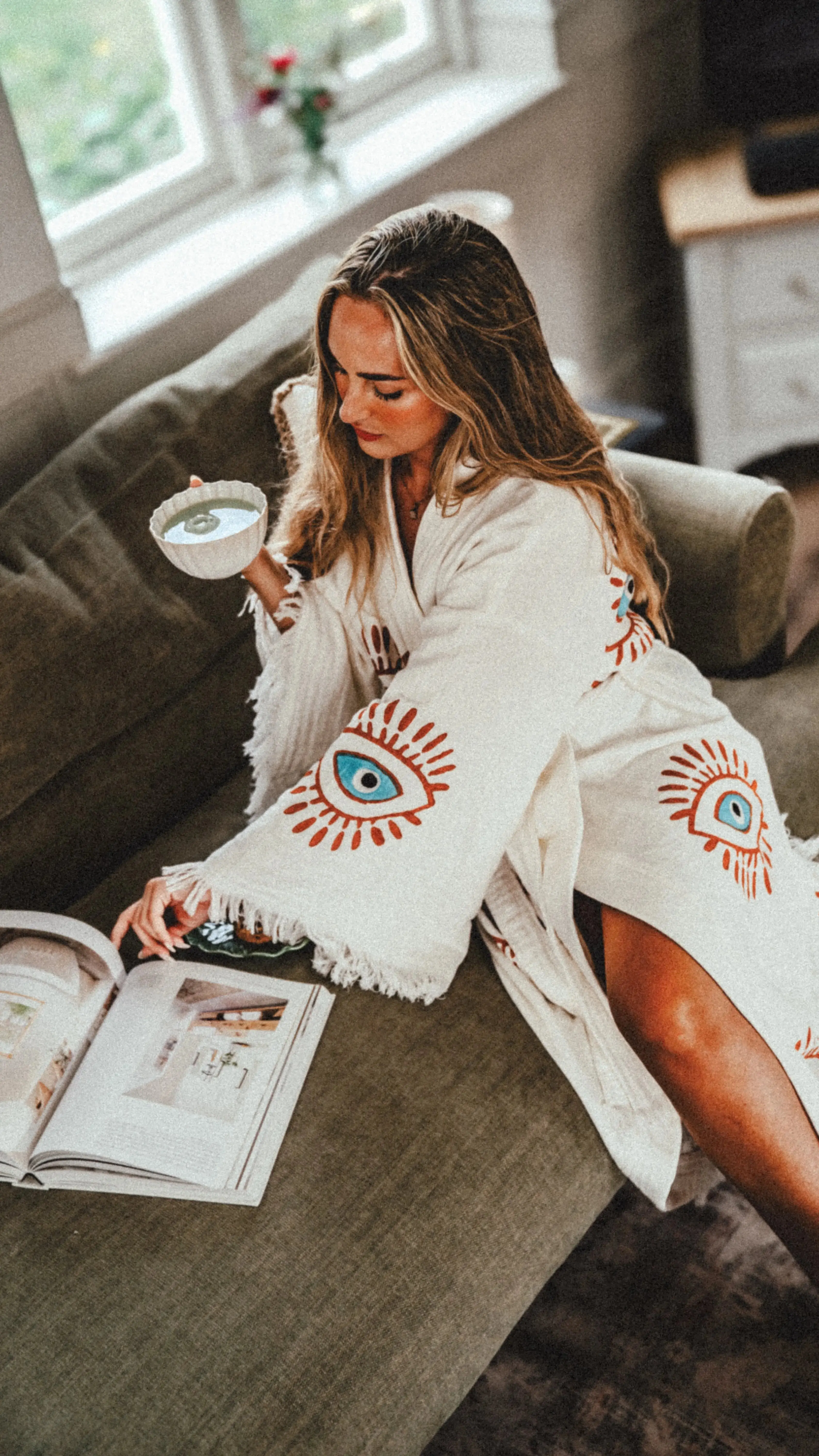 Long Cotton Robe: White with Orange & Blue Eye - Image 3