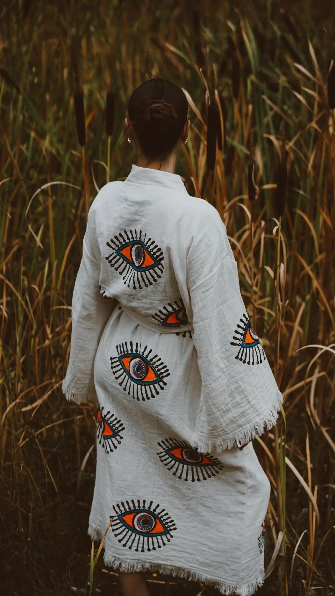 Long Cotton Robe: White with Orange Eye - Image 11