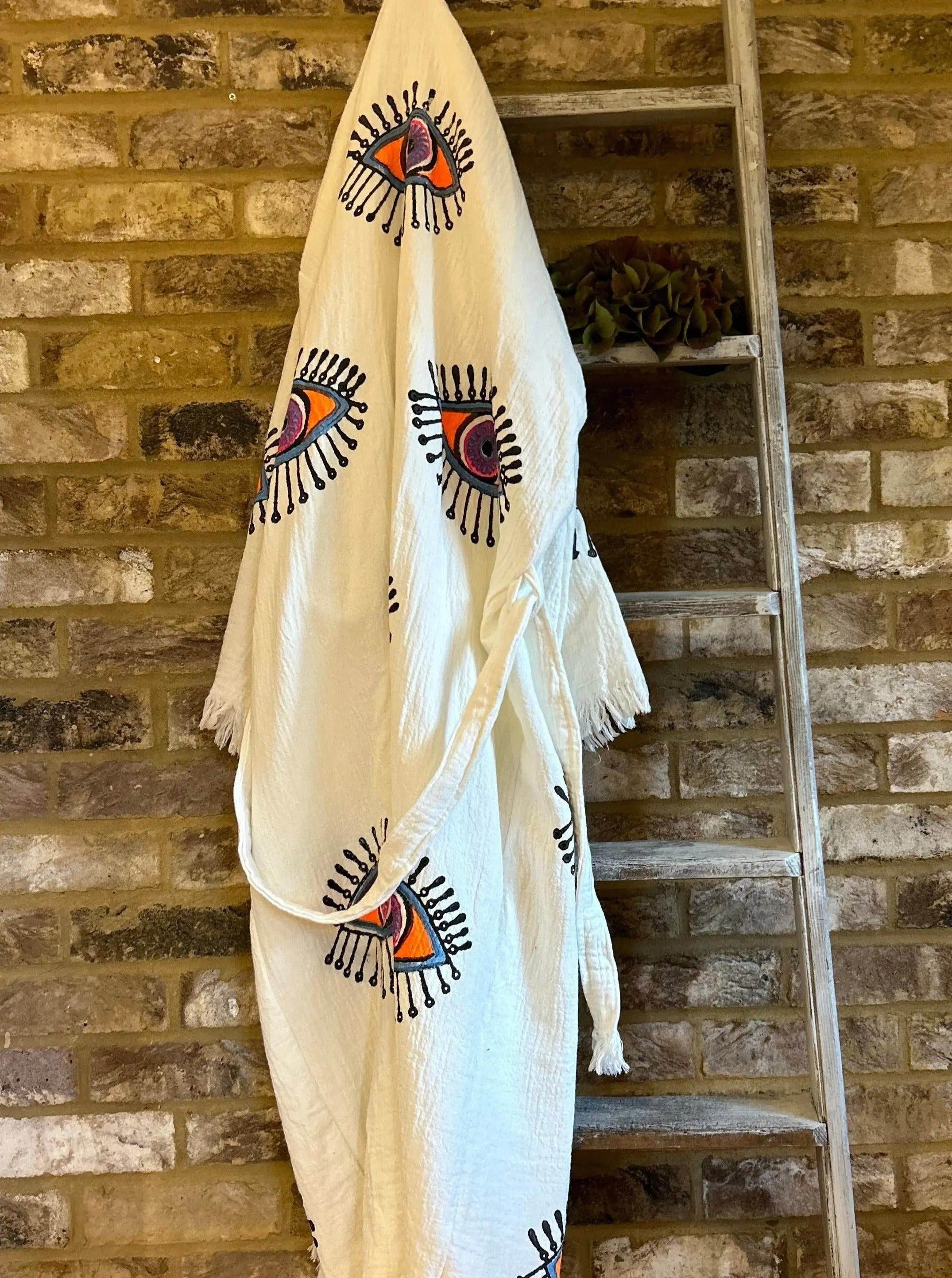 Long Cotton Robe: White with Orange Eye - Image 5