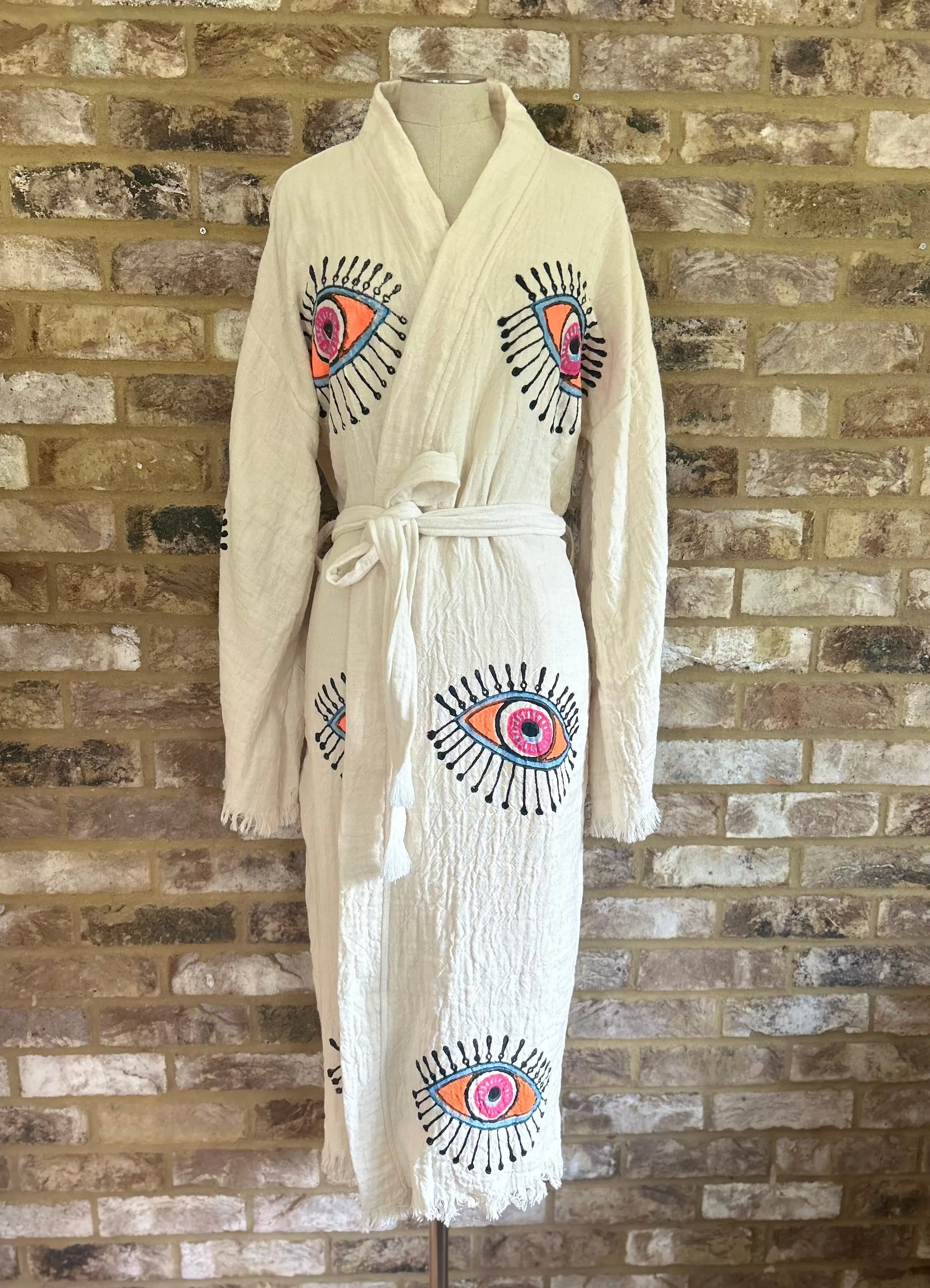 Long Cotton Robe: White with Orange Eye - Image 6