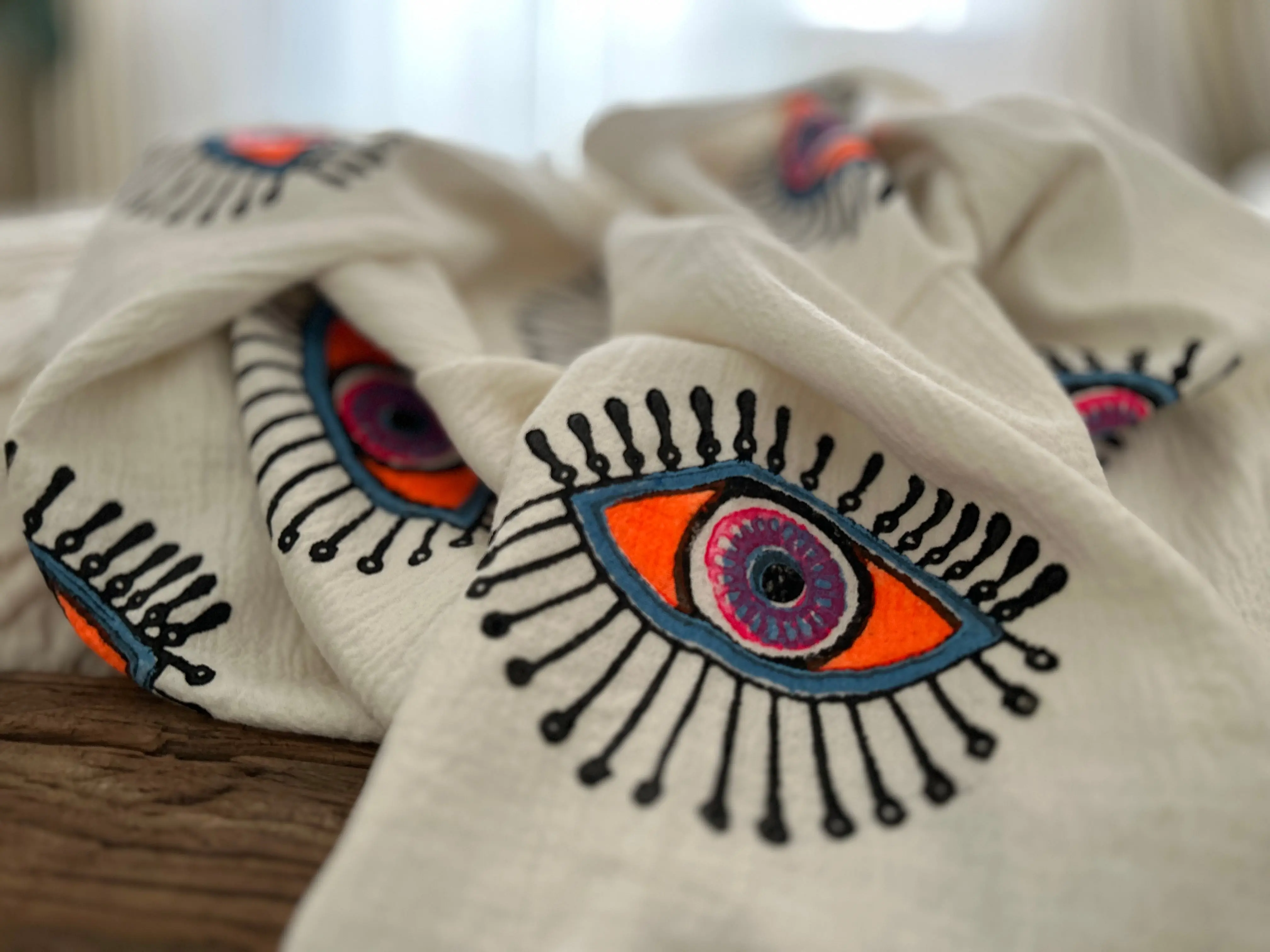 Long Cotton Robe: White with Orange Eye - Image 7