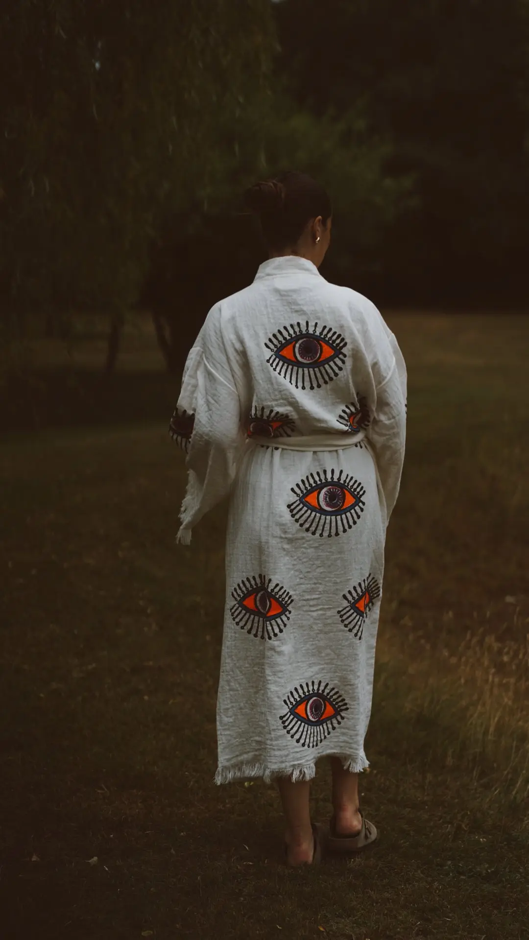 Long Cotton Robe: White with Orange Eye - Image 9