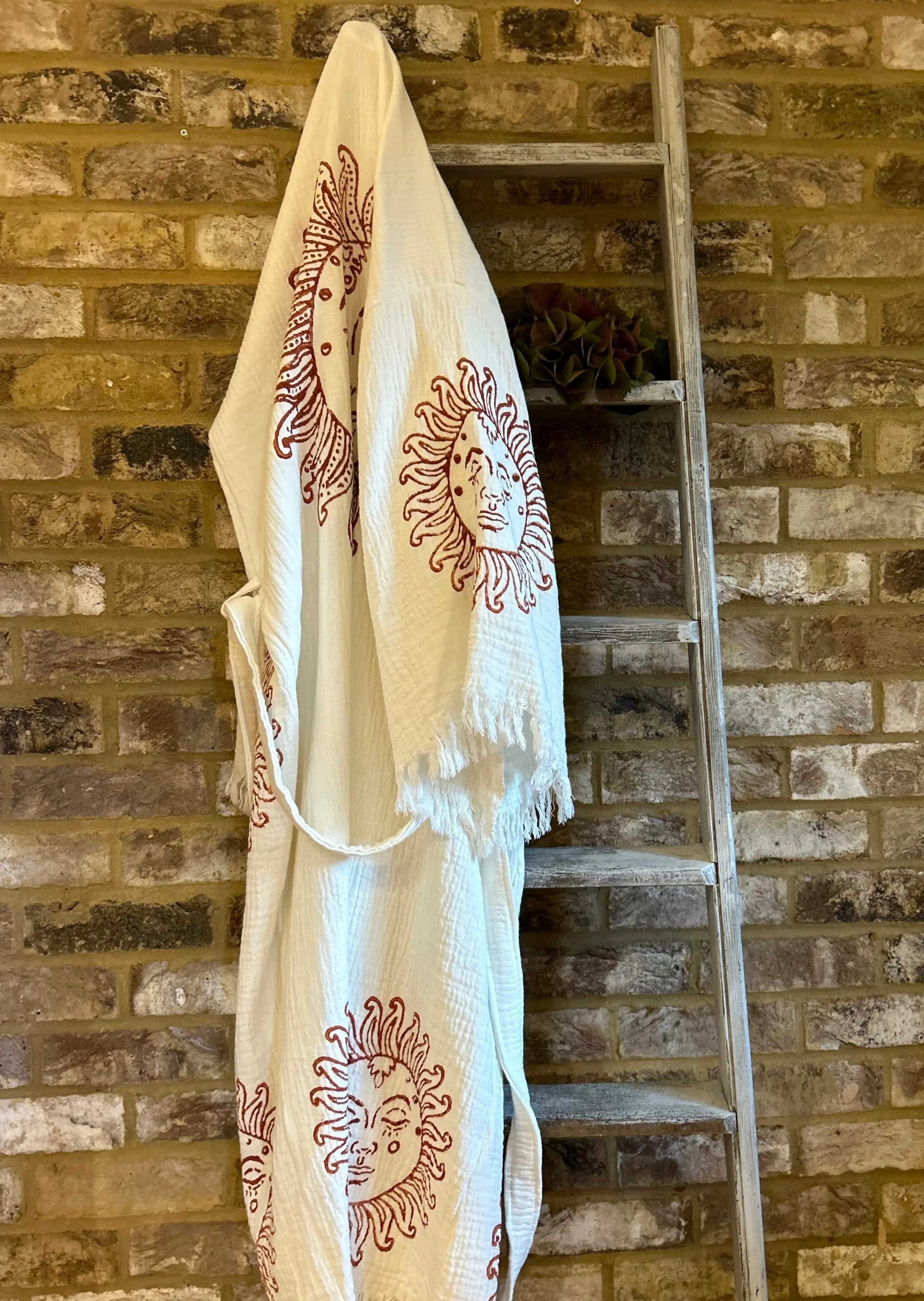 Long Cotton Robe: White with Terracotta Sun - Image 3