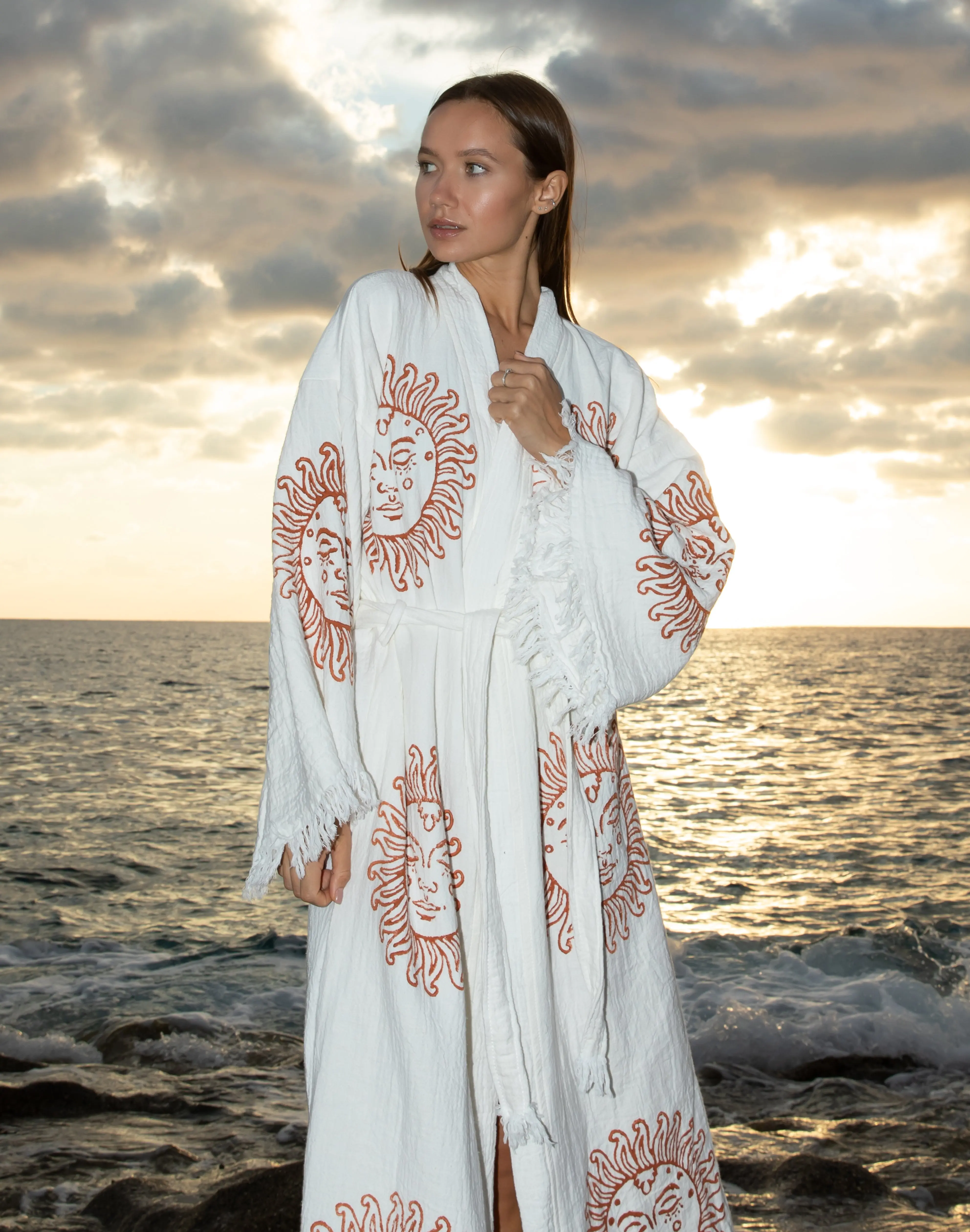 Long Cotton Robe: White with Terracotta Sun - Image 4