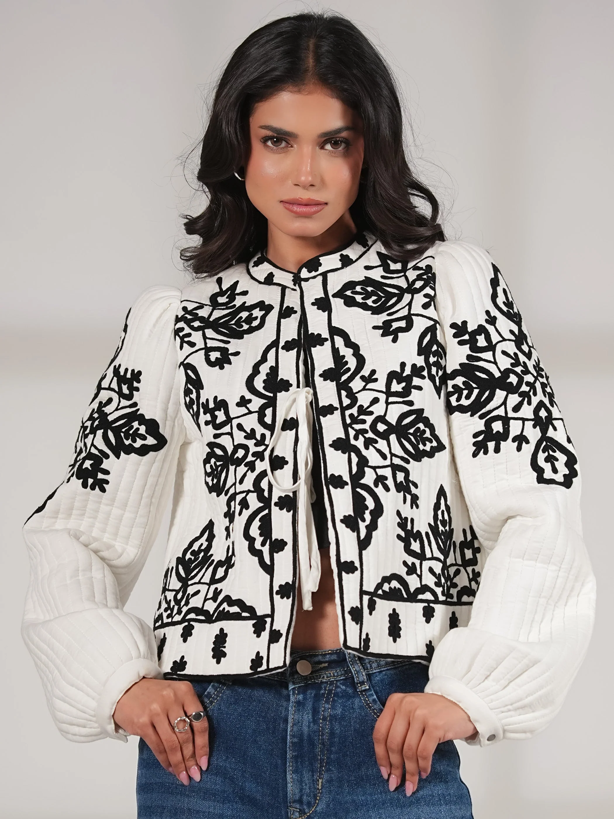 Lori Black And White Padded Embroidered Jacket - Image 3