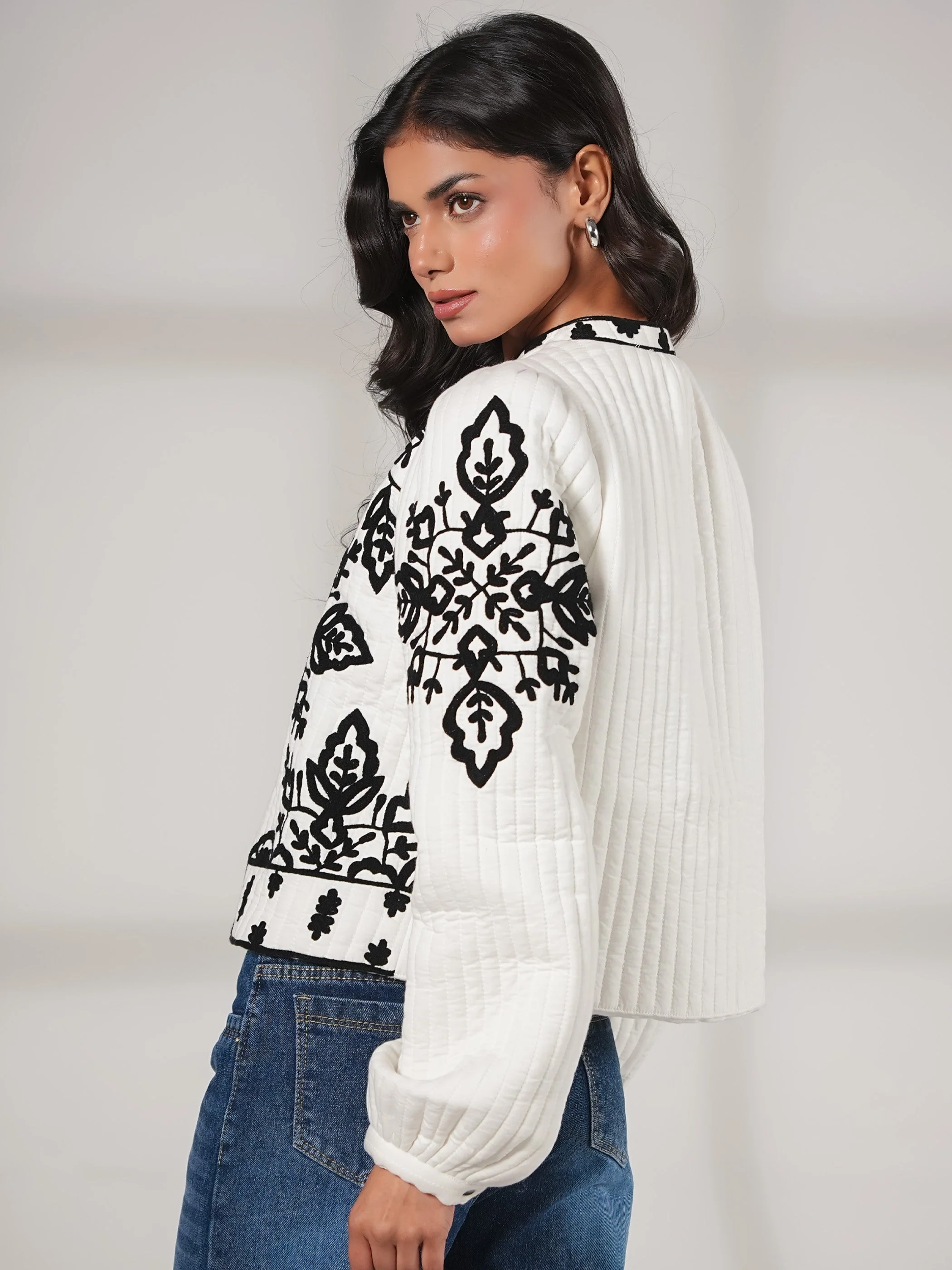 Lori Black And White Padded Embroidered Jacket - Image 5