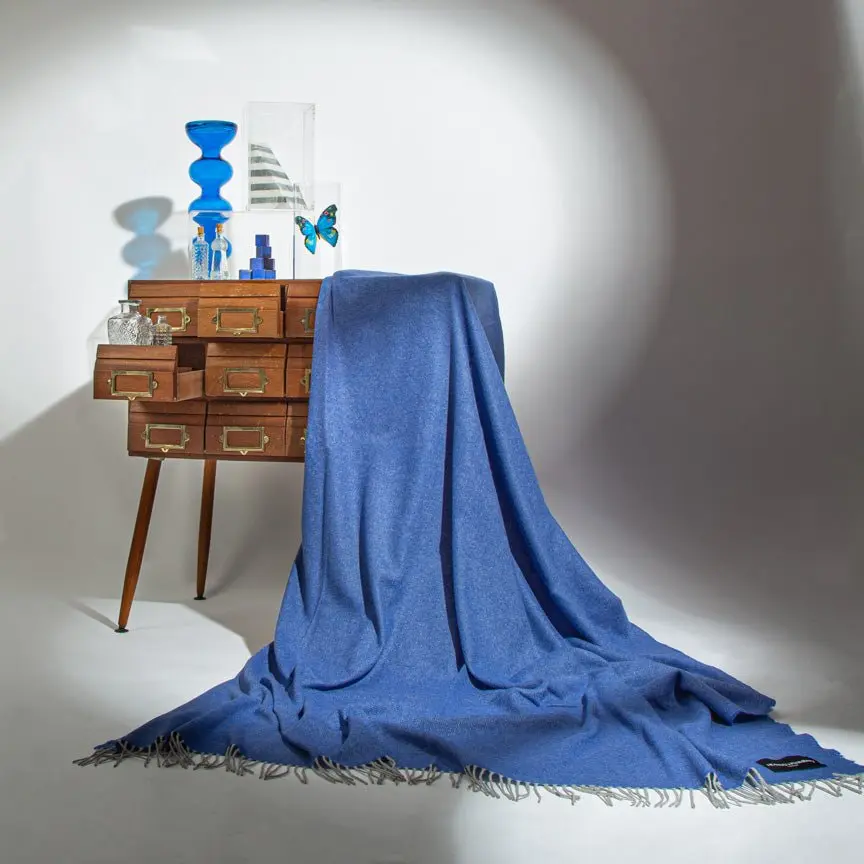 Cobalt Blue & French Grey Reversible Love Stories 100% Cashmere Blanket - Image 2