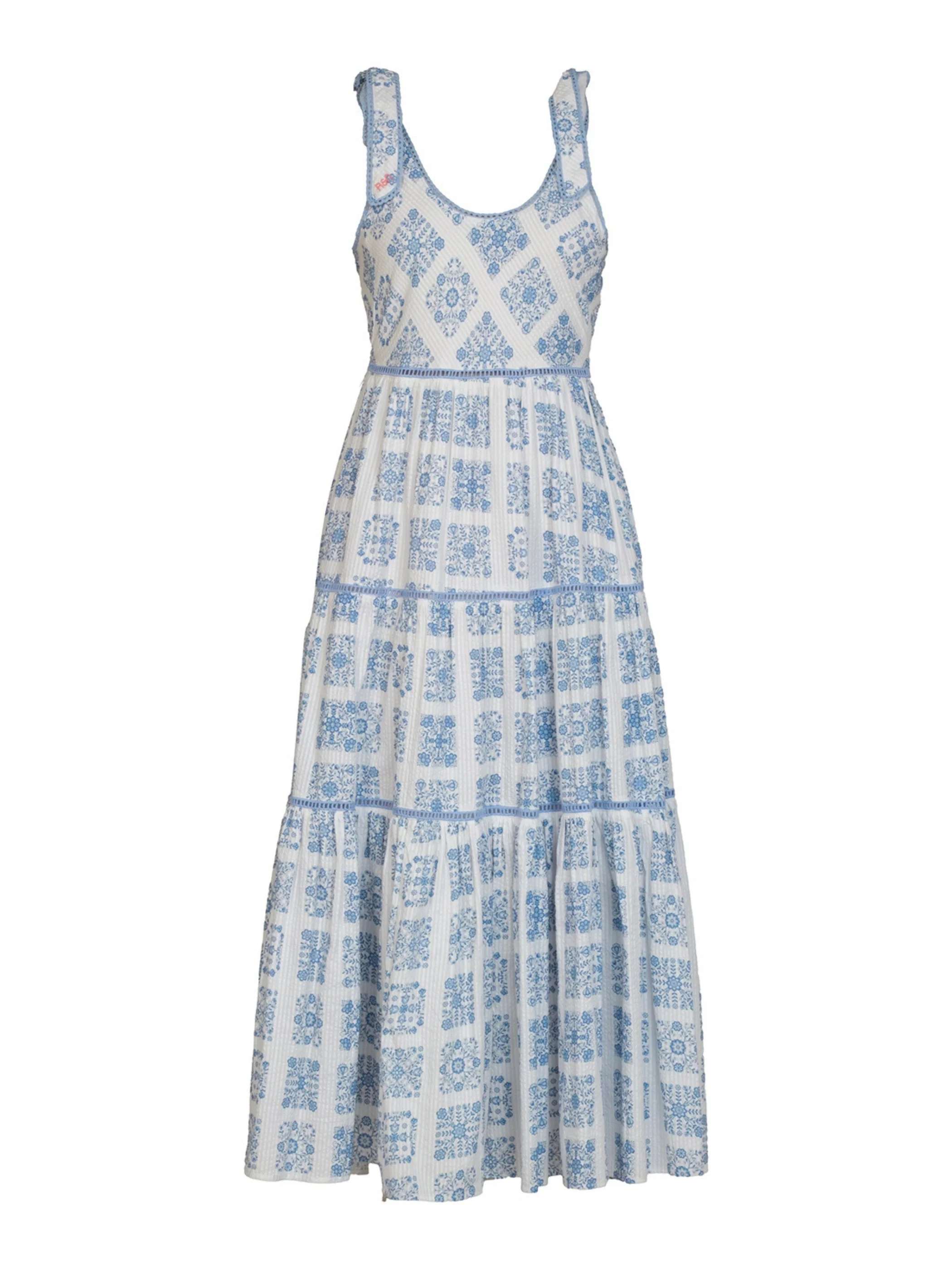 Maisy Blue White Printed Lace Trim Maxi Sun Dress