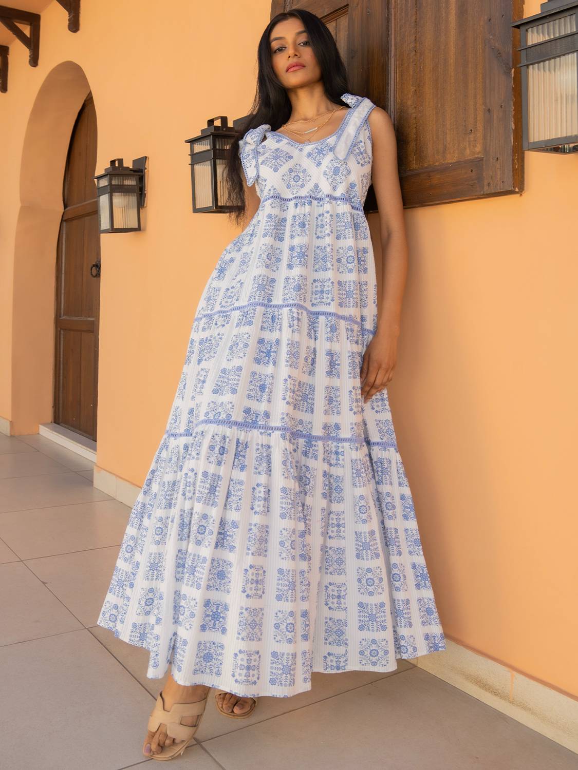 Maisy Blue White Printed Lace Trim Maxi Sun Dress - Image 10