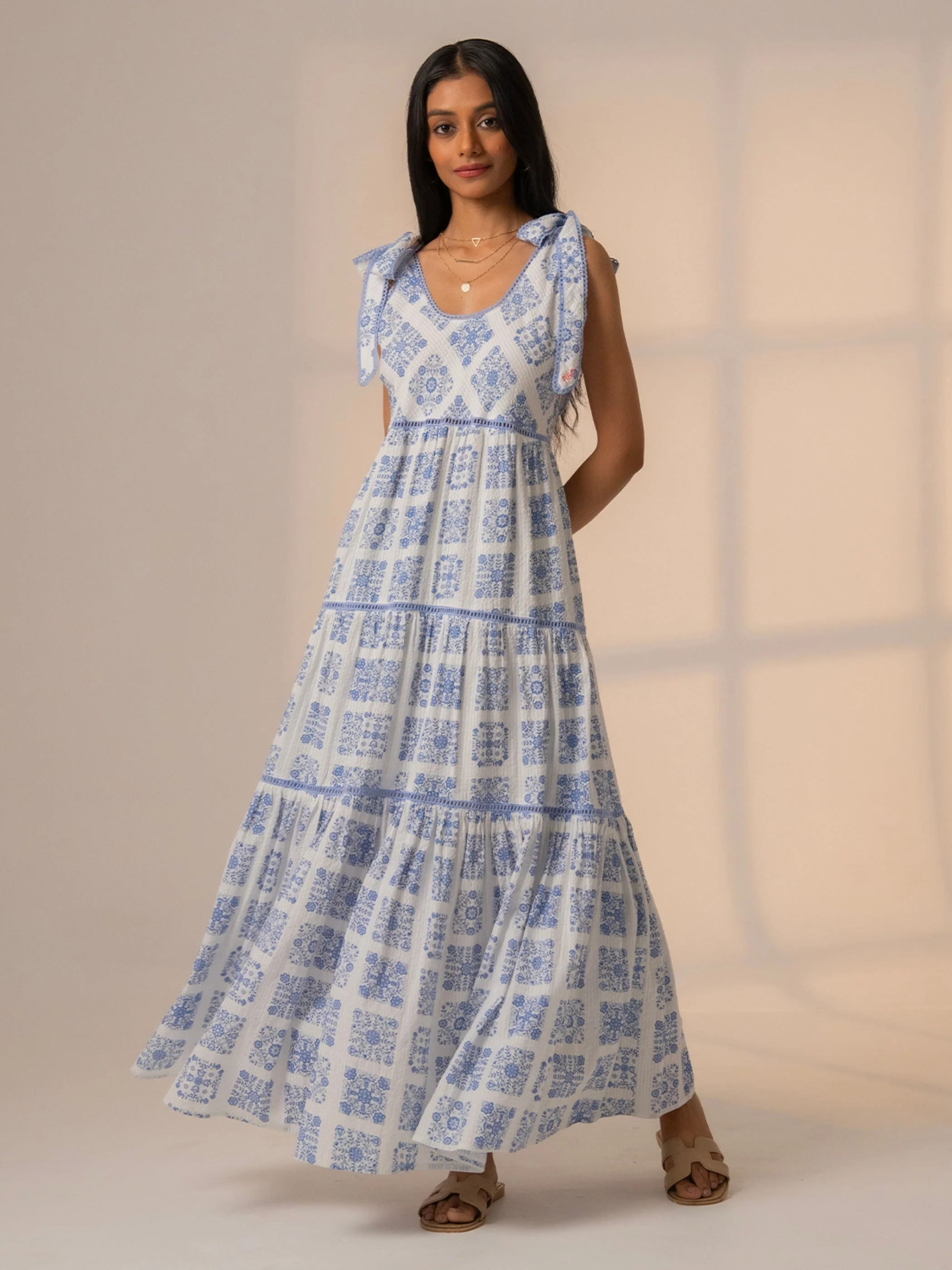 Maisy Blue White Printed Lace Trim Maxi Sun Dress - Image 6