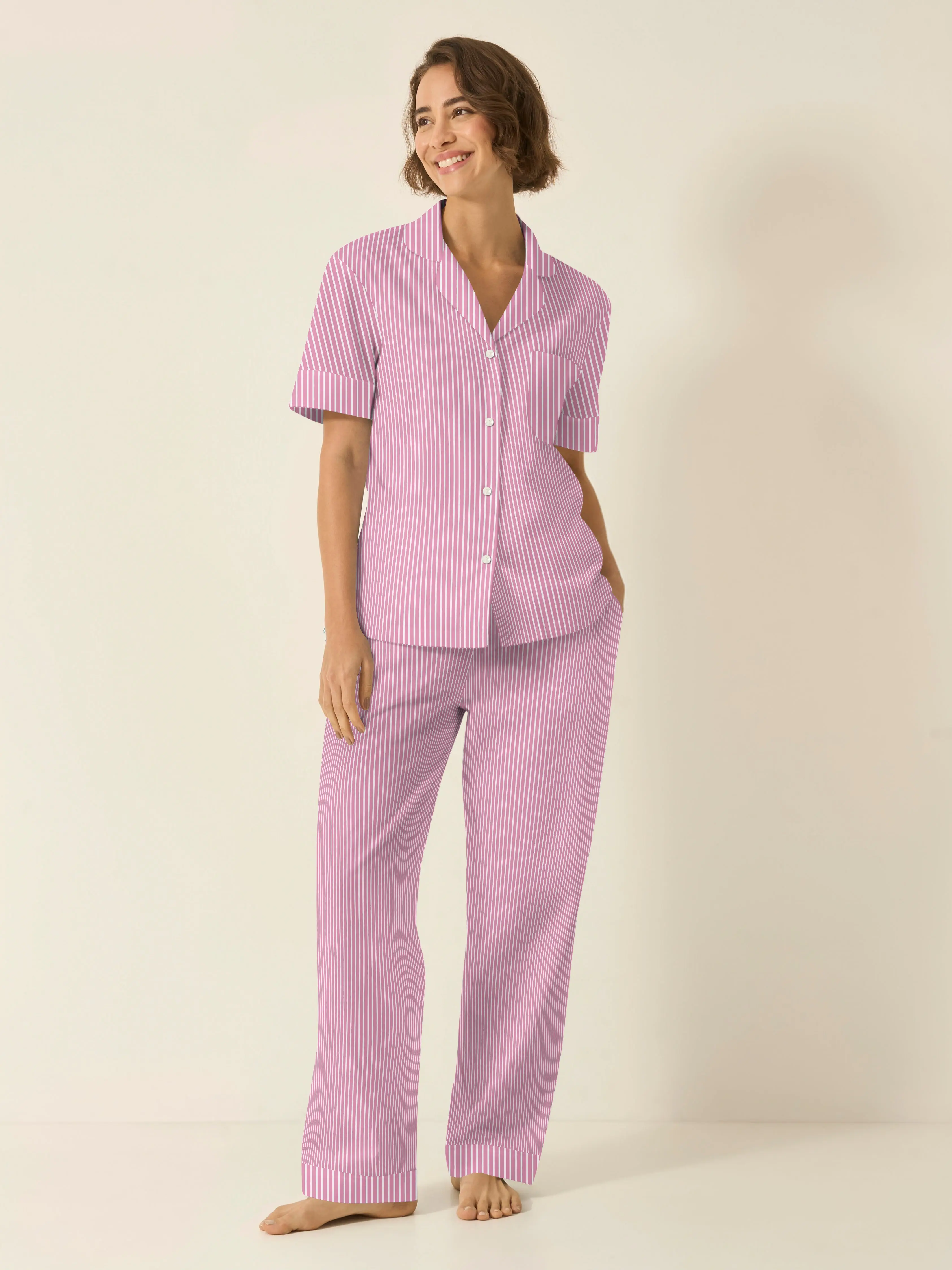 Mauve Stripe Women's Short Sleeve Organic Cotton Pyjama Trouser Set - Image 3