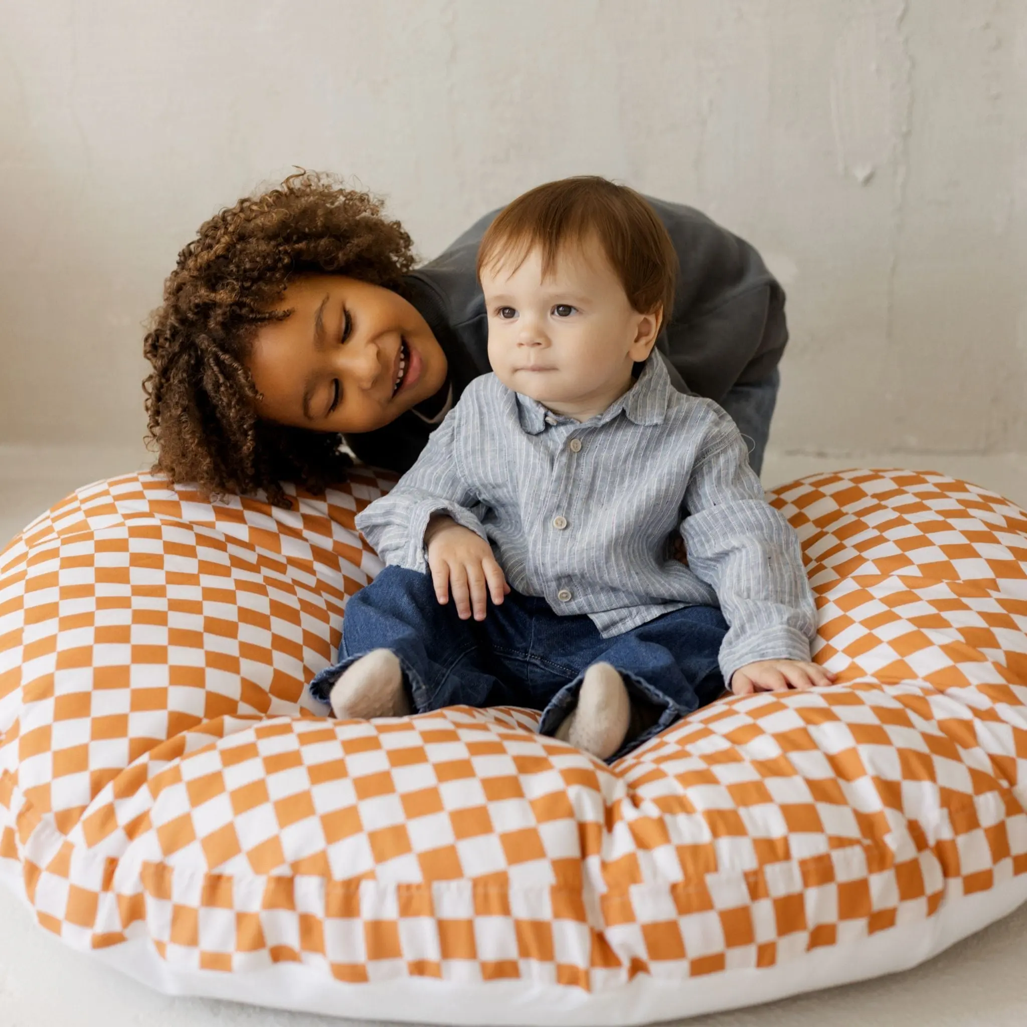 Checkered Large Kids Floor Cushion in Off-white and Orange - Image 5