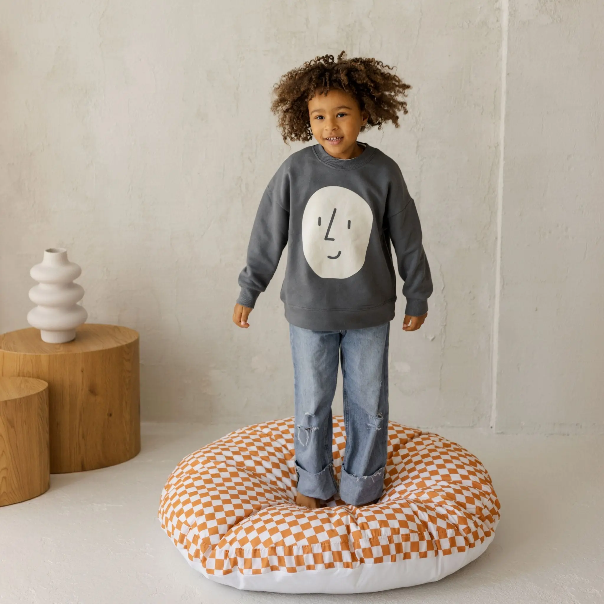 Checkered Large Kids Floor Cushion in Off-white and Orange - Image 6