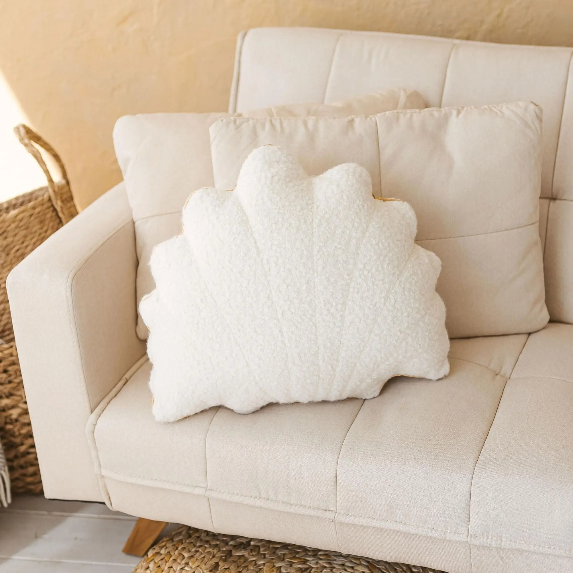Ecru Boucle Seashell Cushion with Chic Golden Trim