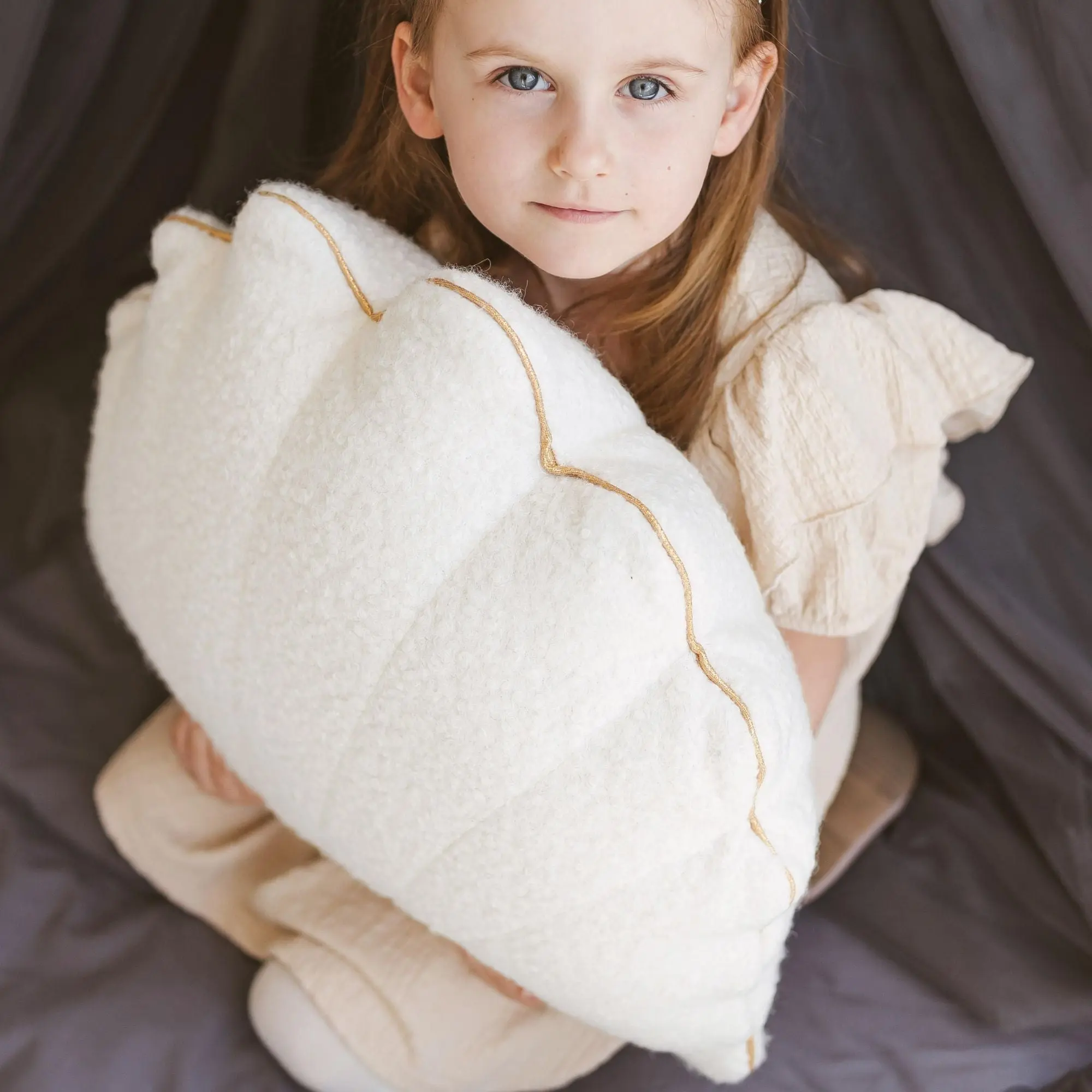 Ecru Boucle Seashell Cushion with Chic Golden Trim - Image 2