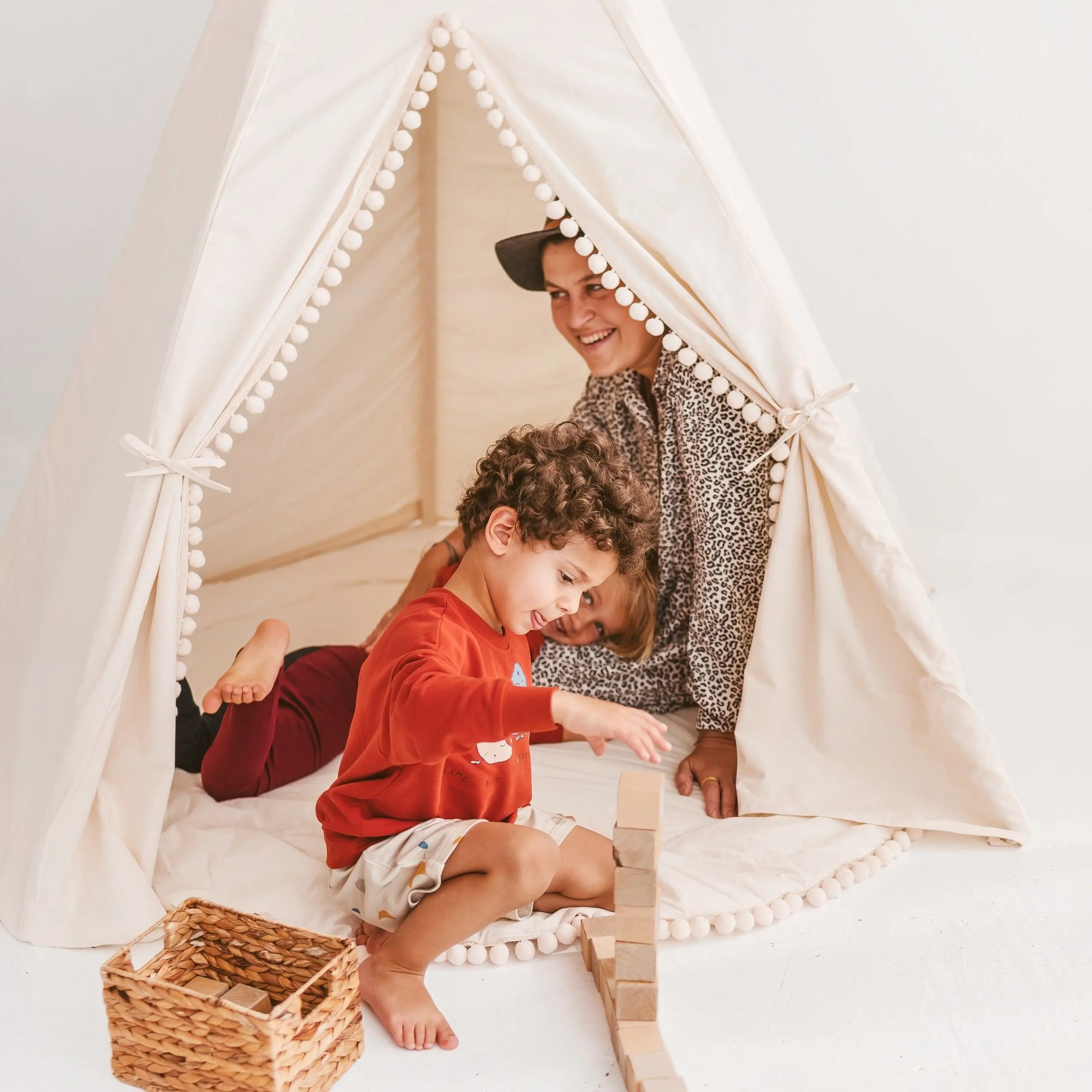 Extra Large Kids Teepee Tent with Pom Pom Decor - Image 4
