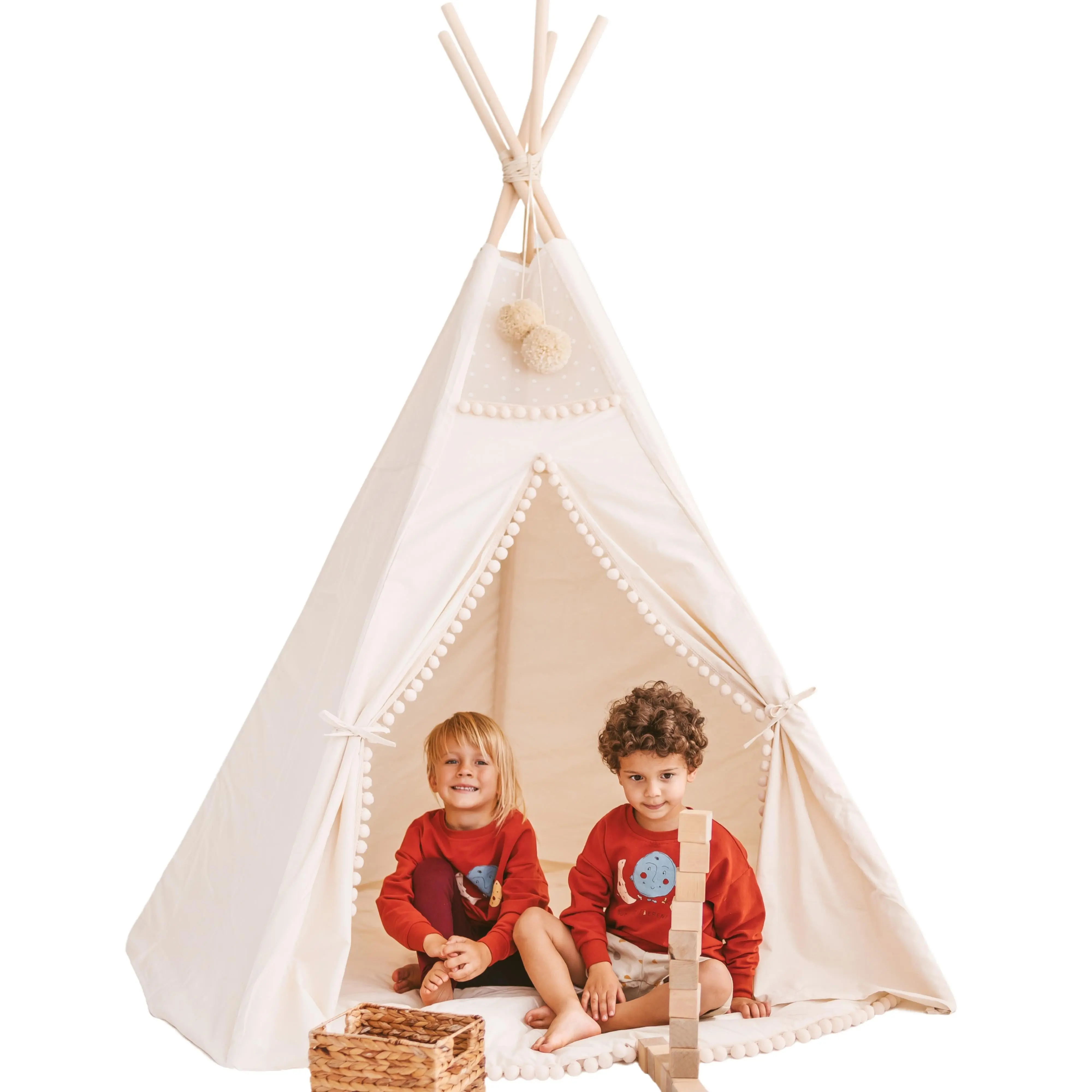 Extra Large Kids Teepee Tent with Pom Pom Decor - Image 5