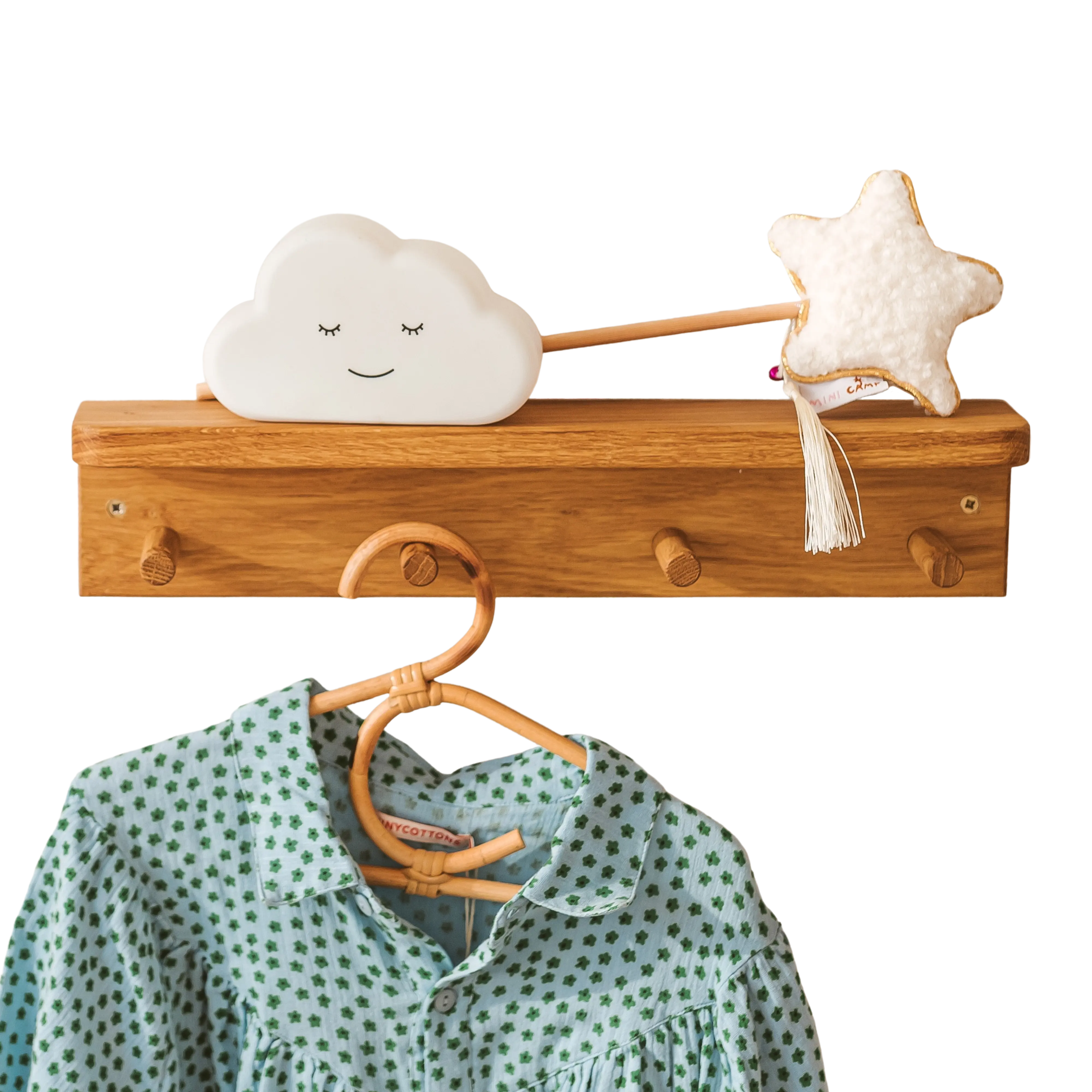 Floating Kids Bookshelf with Coat Hooks Made of Solid Oak - Image 4