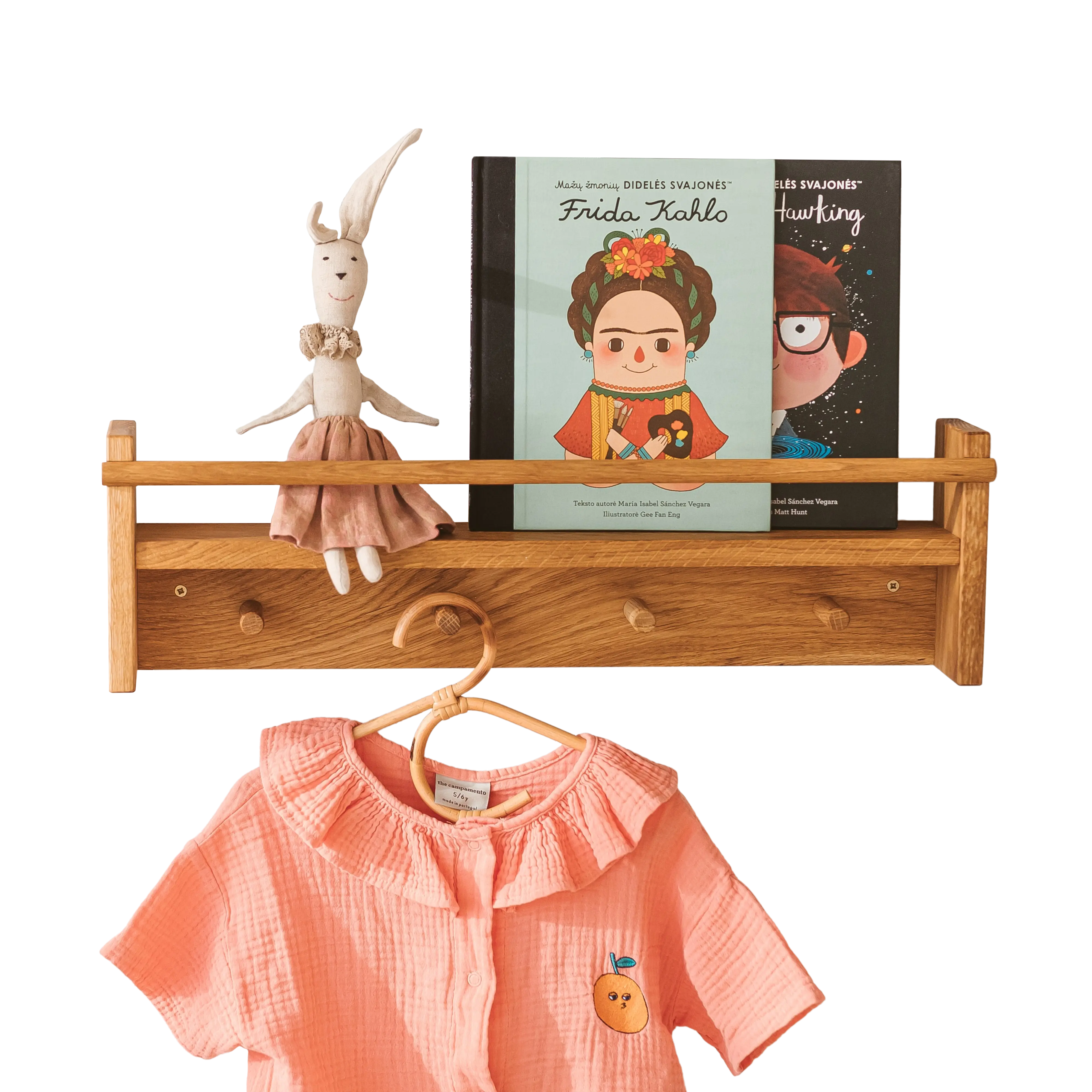 Floating Kids Bookshelf with Coat Hooks Made of Solid Oak - Image 5
