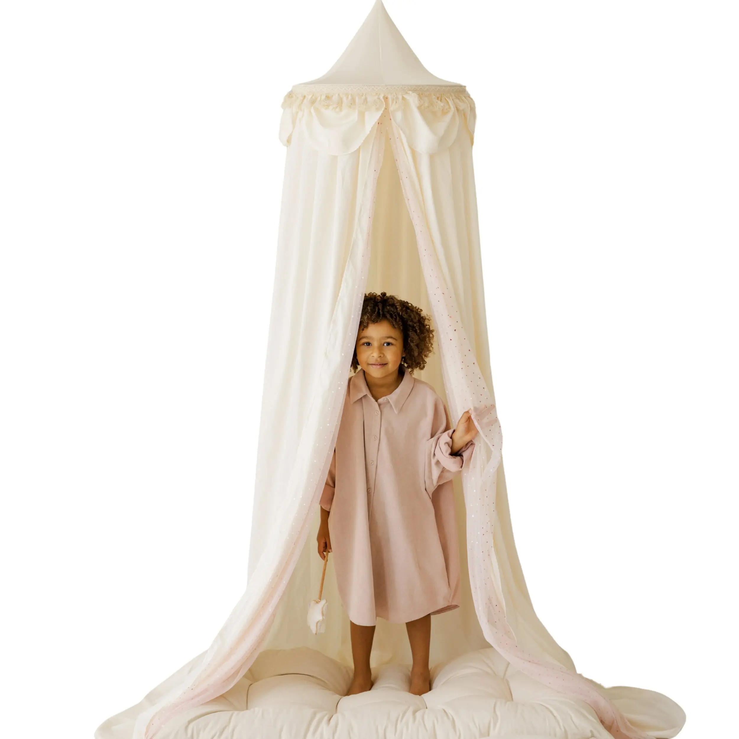 Kids Bed Canopy with Tulle & Tassels in Cream - Image 7