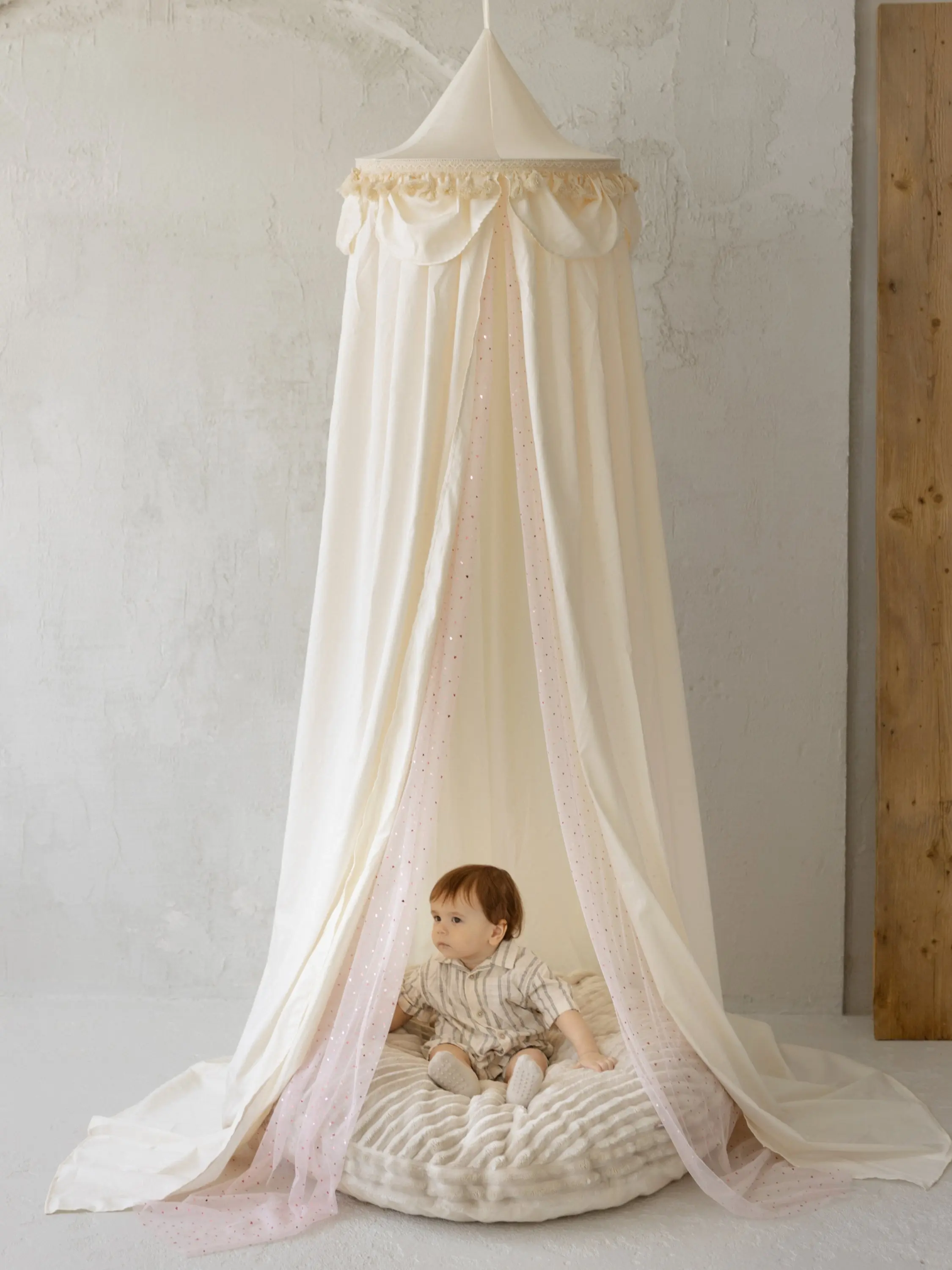 Kids Bed Canopy with Tulle & Tassels in Cream - Image 8