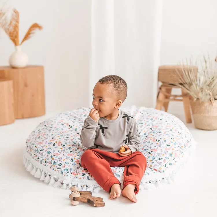 Large Floor Cushion in White and Floral Pattern