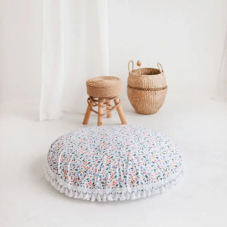 Large Floor Cushion in White and Floral Pattern - Image 4
