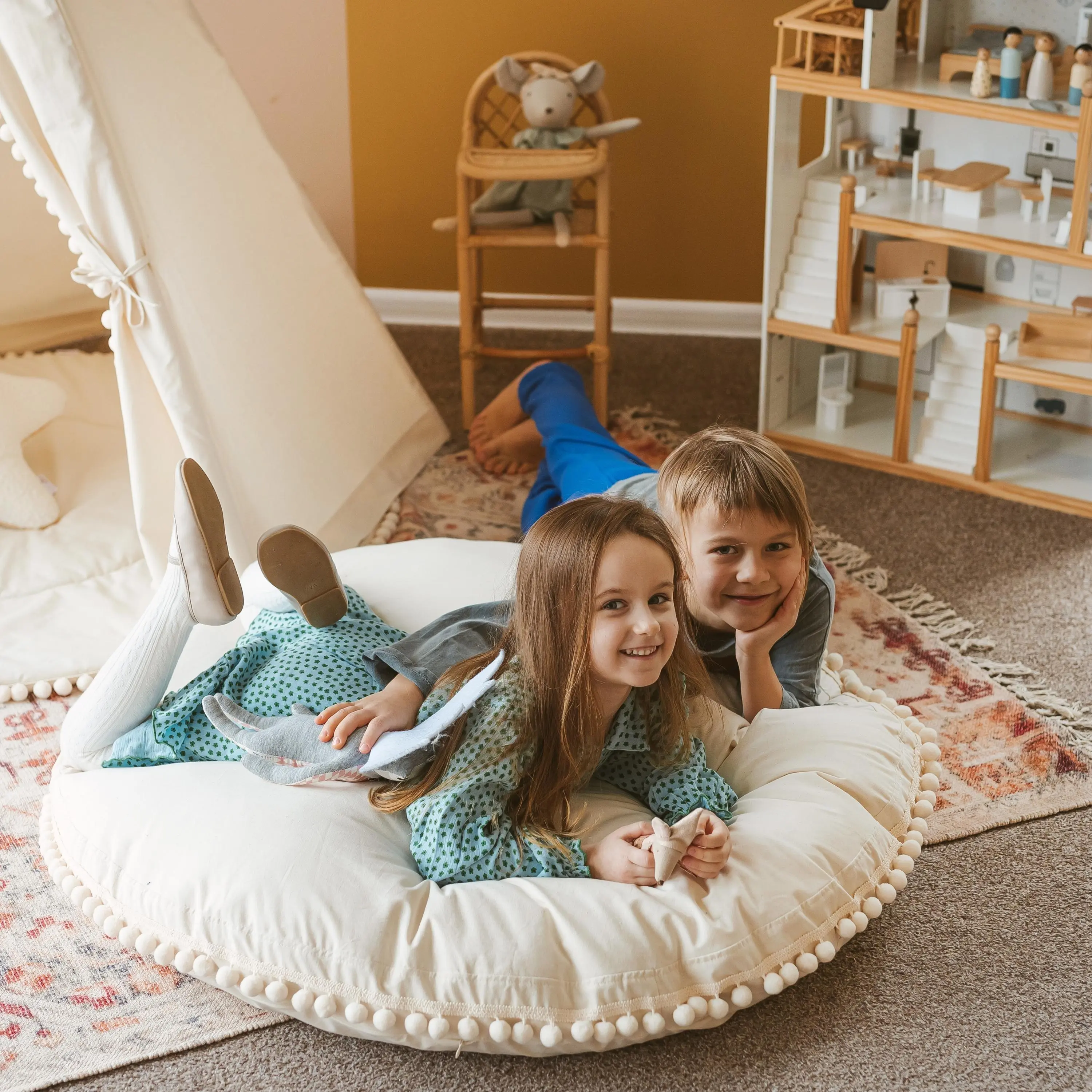 Ecru Large Floor Cushion with Pom Poms