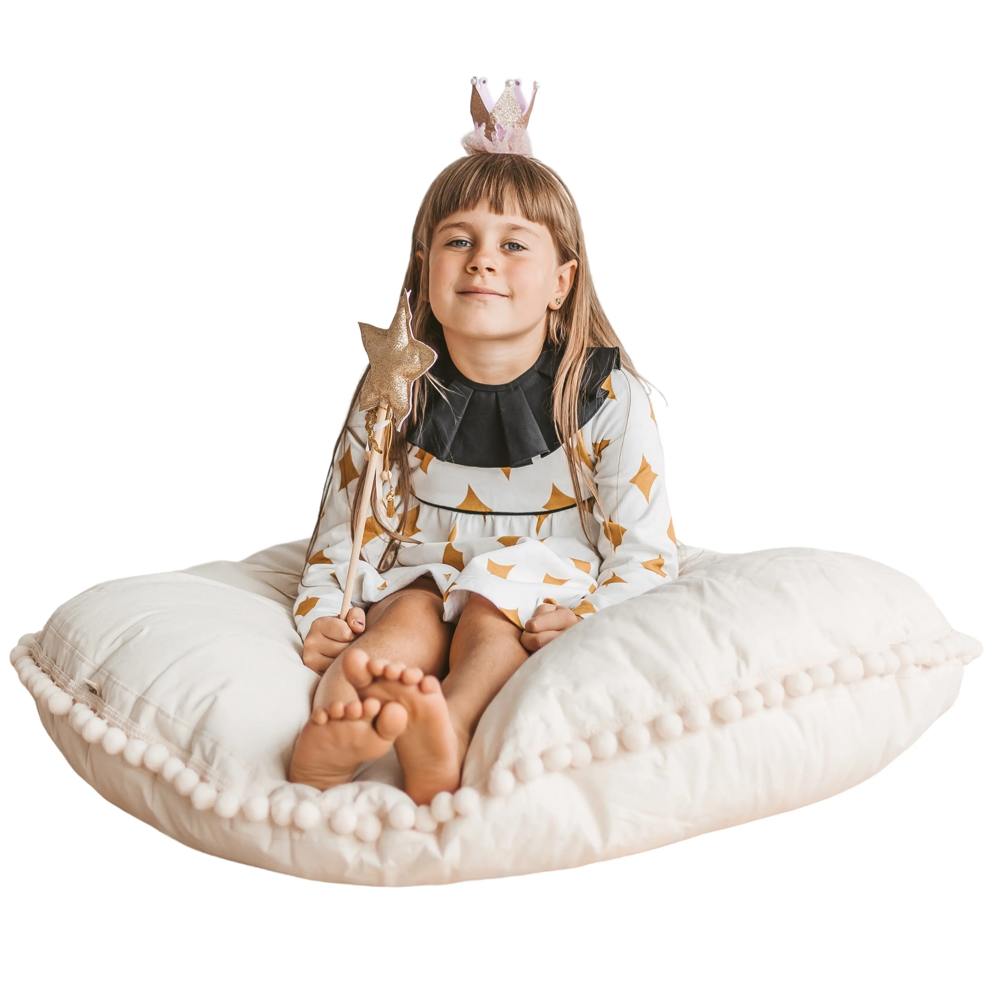 Ecru Large Floor Cushion with Pom Poms - Image 6