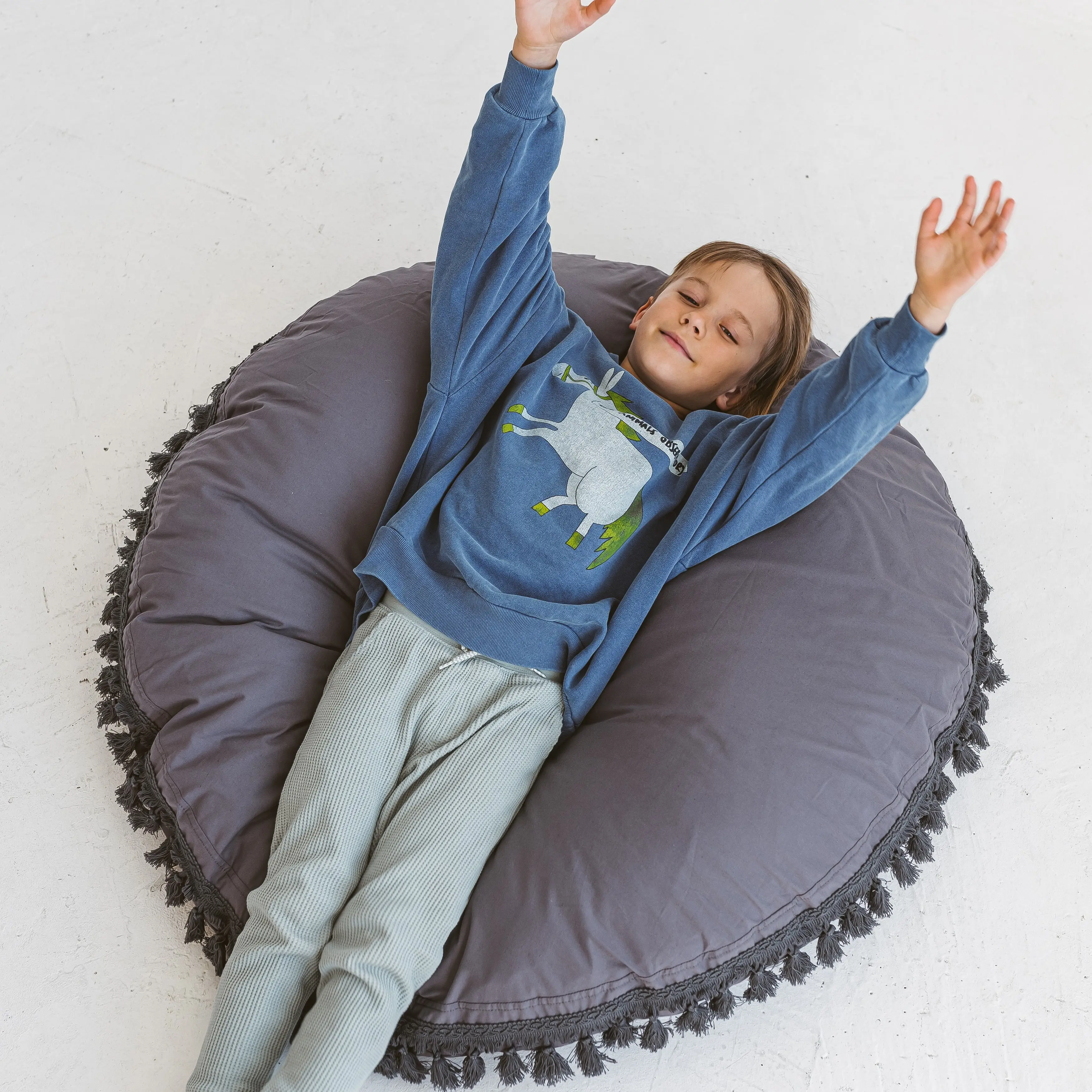 Grey Large Floor Cushion with Tassels - Image 3